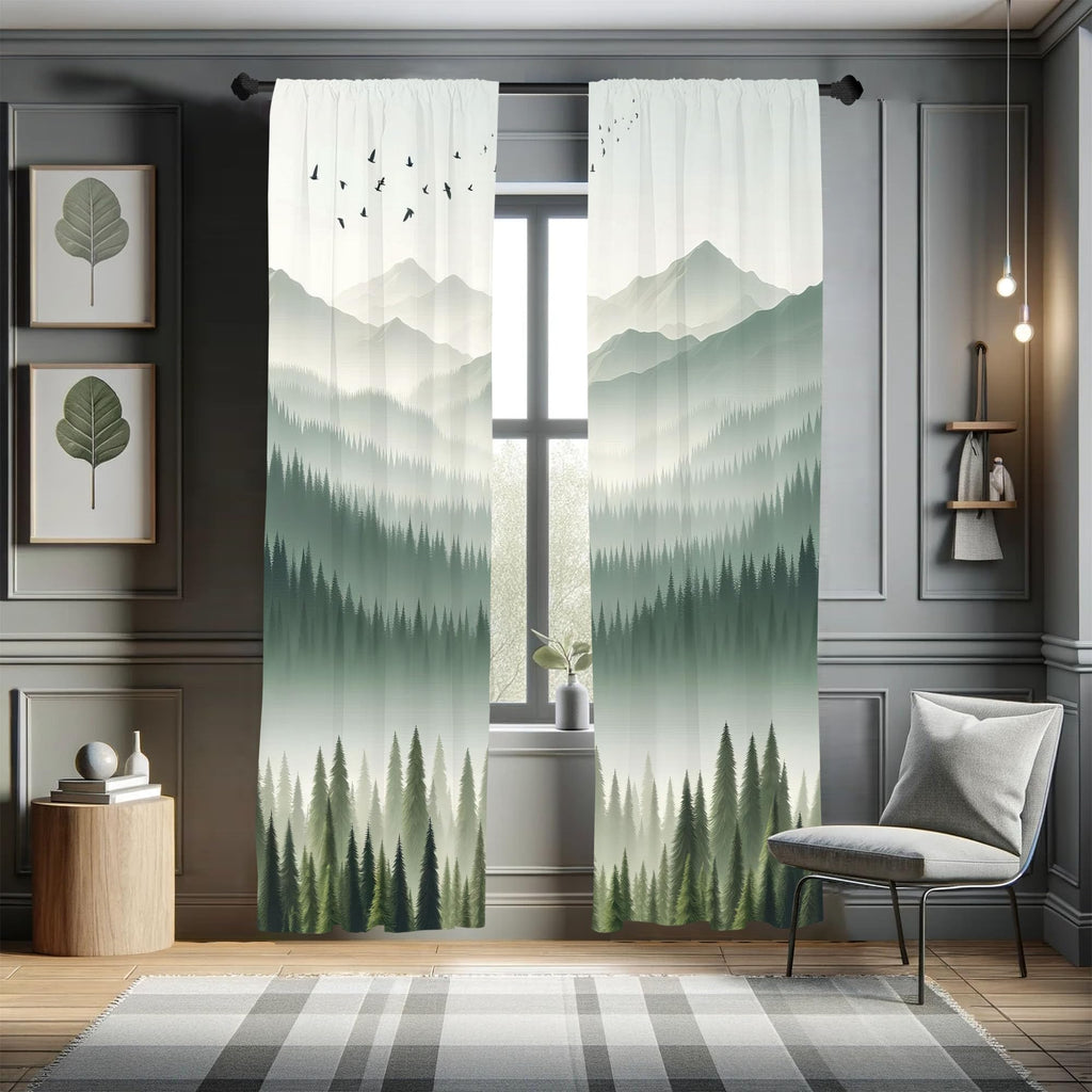 Ambesonne Green Window Curtains, Contemporary Minimalist Lands of Wild Forest and Misty Mountain Range Print, Lightweight Decora