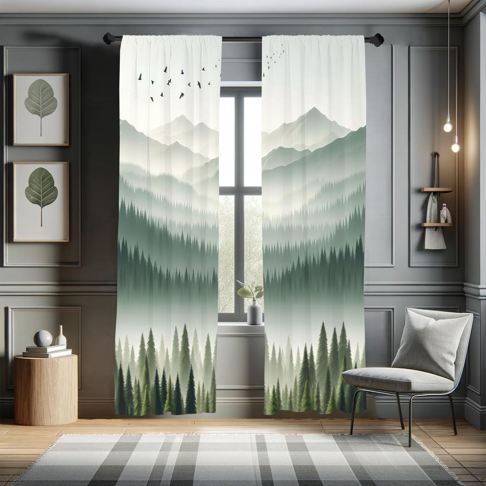 Ambesonne Green Window Curtains, Contemporary Minimalist Lands of Wild Forest and Misty Mountain Range Print, Lightweight Decora