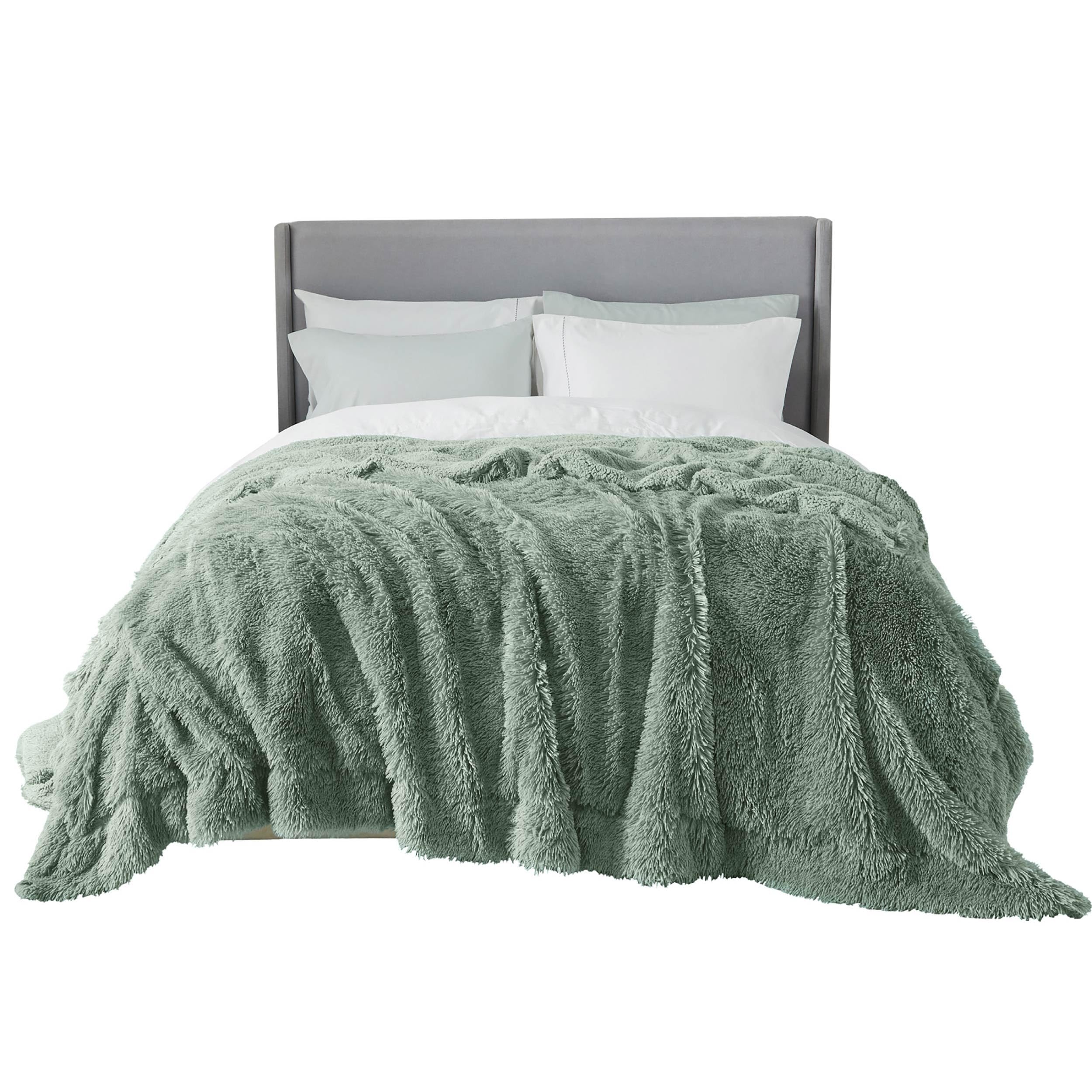 Bedsure Soft Fuzzy Faux Fur King Size Blanket Sage Green - Cozy, Fluffy, Plush Sherpa Fleece Blanket, Furry, Shaggy Blanket For