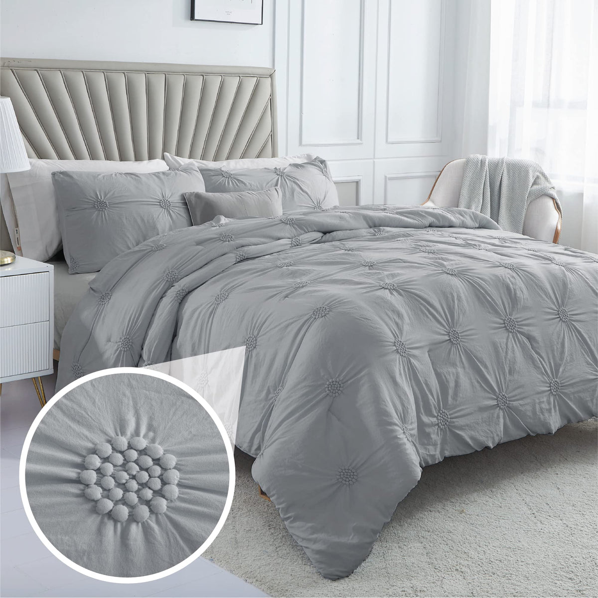 Swift Home Twin Twin Xl Gray 2-Piece Down Alternative Comforter Set Bedding Ruched 3D Floral Pintuck All-Season, Machine Washabl