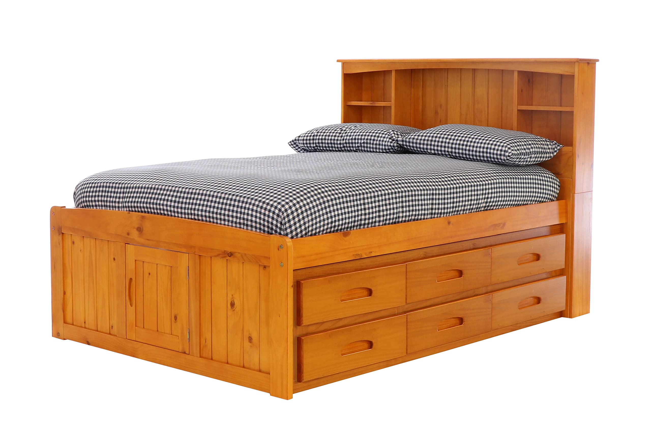 OS Home and Office Furniture Model 82121K6-22 Solid Pine Full Captains Bookcase Bed with 6 Drawers in Warm Honey