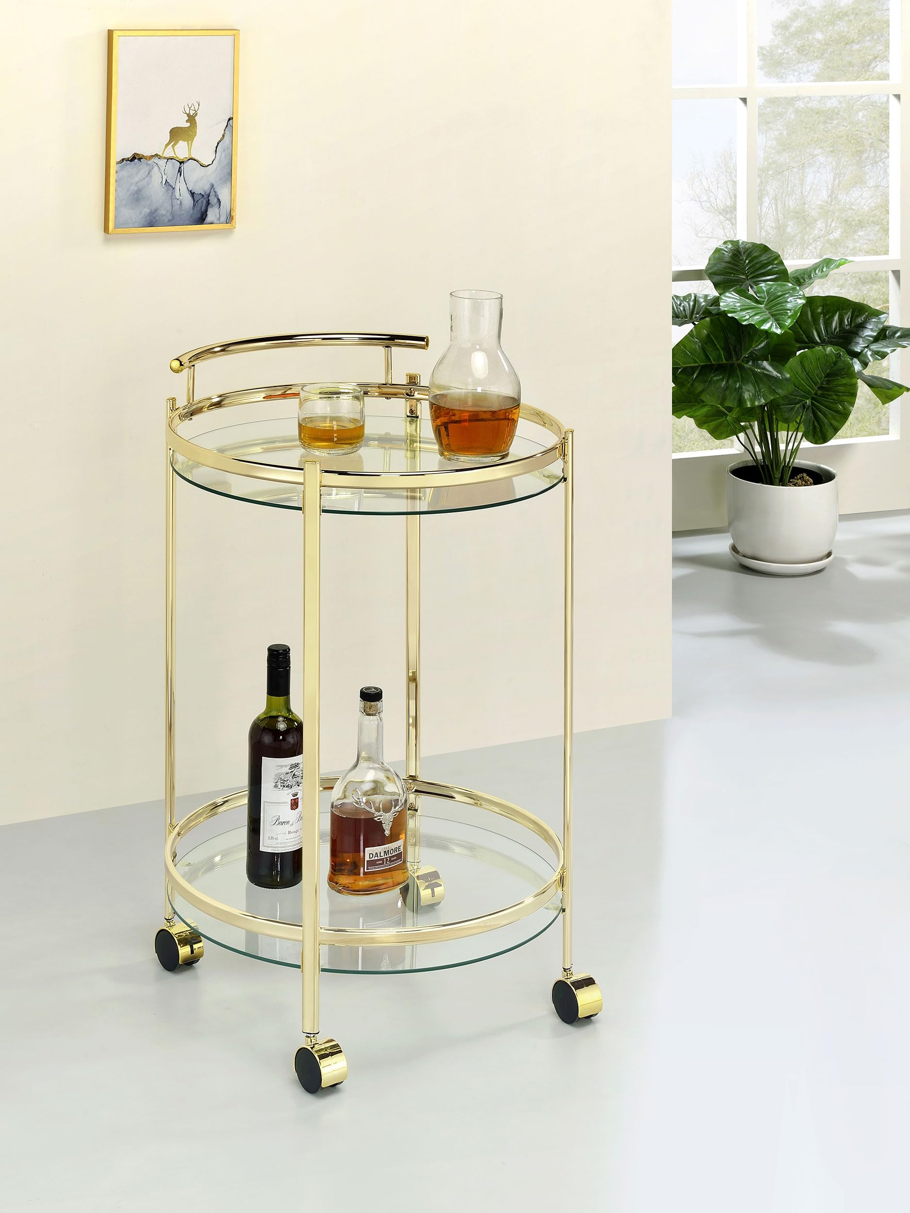 Coaster Home Furnishings Chrissy 2-Tier Round Glass Shelf Metal Bar Cart Brass 181366