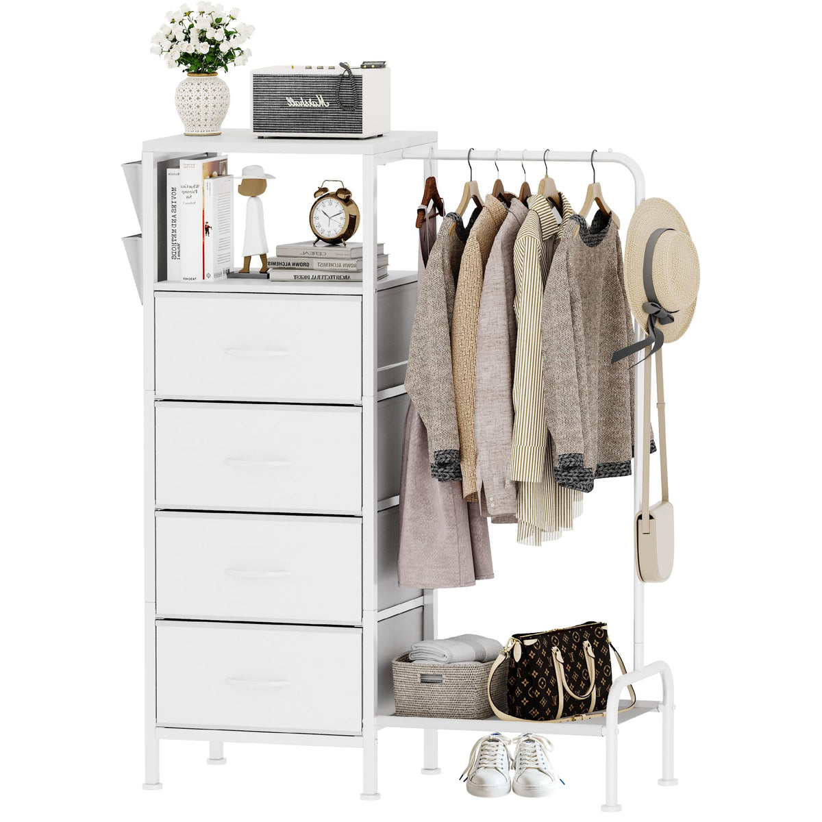 Homeiju Dresser with Hanging Rack, Reversible Dresser for Bedroom with 4 Drawers & Coat Rack & Side Pockets, Chest of Drawers wi