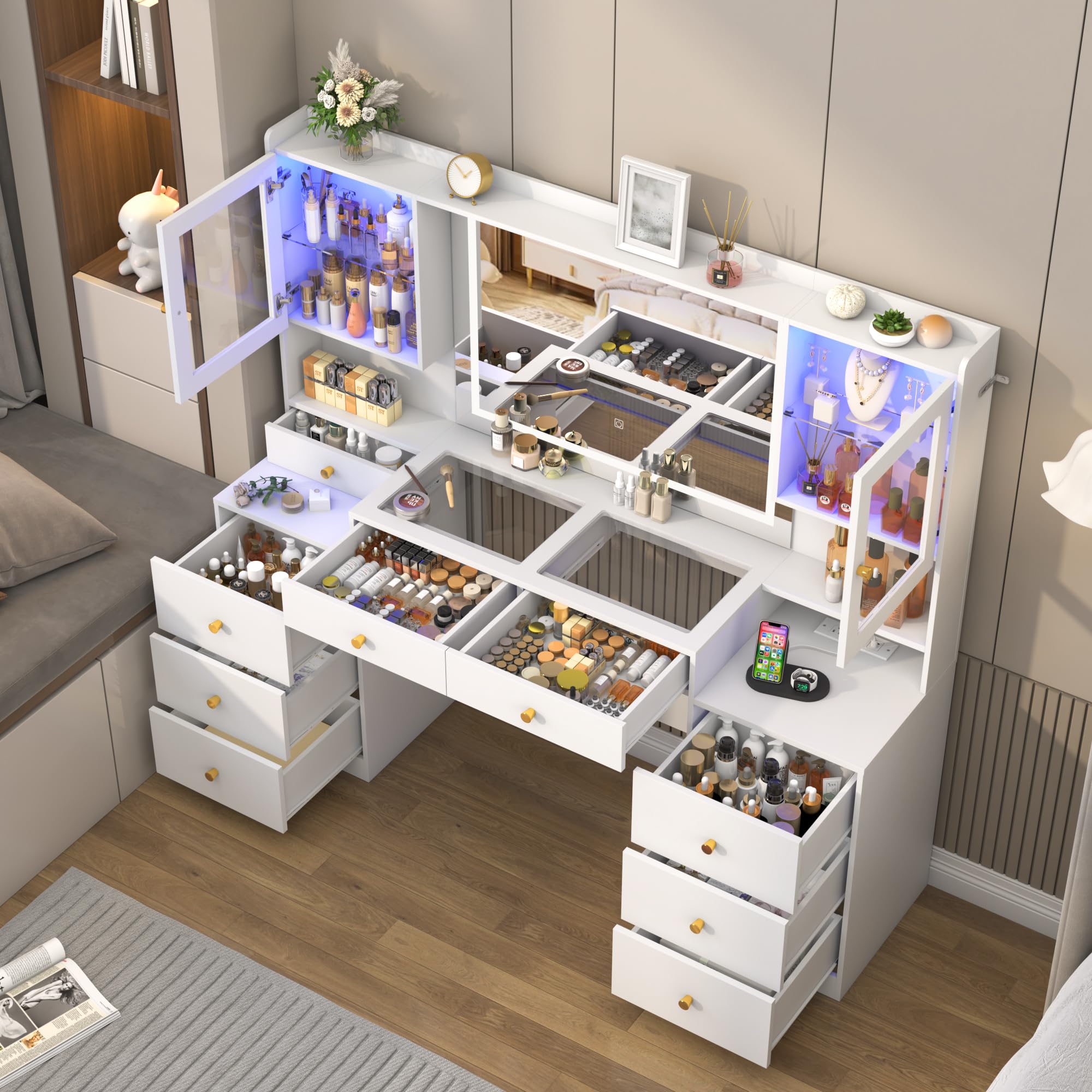 chartustriable Big Vanity, Modern Wood Makeup Vanity Desk with Mirror and Sound Sync LED Lights, Large Vanity Dressing Table, 8 