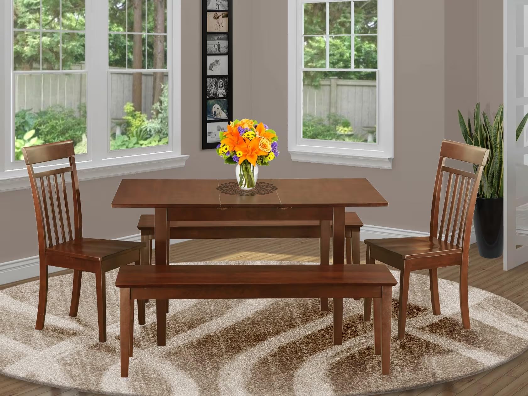 East West Furniture NOCA5C-MAH-W 5 Piece Dinette Set for 4 Includes a Rectangle Dining Table with Butterfly Leaf and 2 Dining Room Chairs with 2 Benches, 32x54 Inch, Mahogany