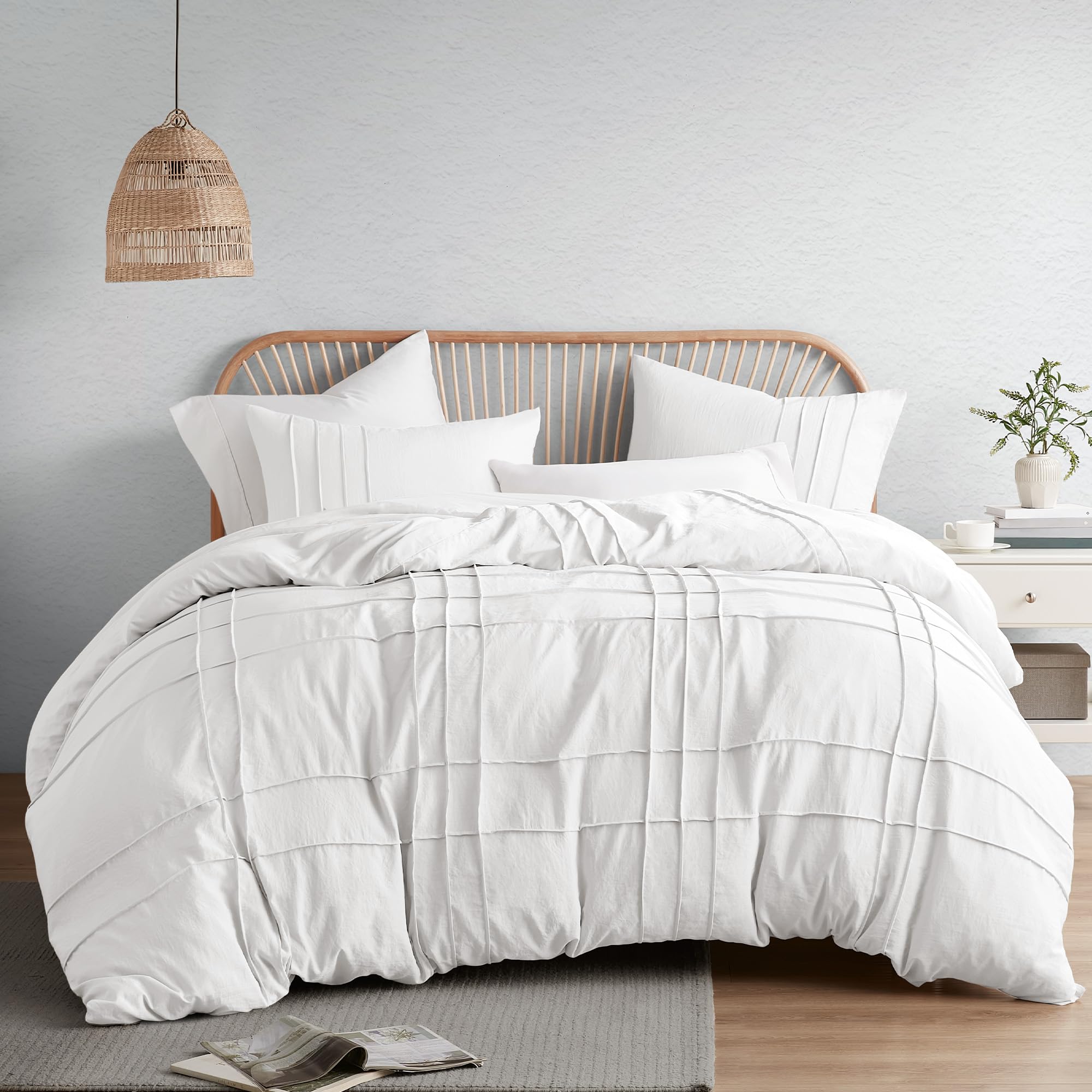 Comfort Spaces White Full Size Duvet Cover Set - 3-Pc Pintuck Pleated Duvet Cover Full, All Season Lightweight, Extra Softness Pre-Washed Microfiber Full Bed Cover Shams, Full