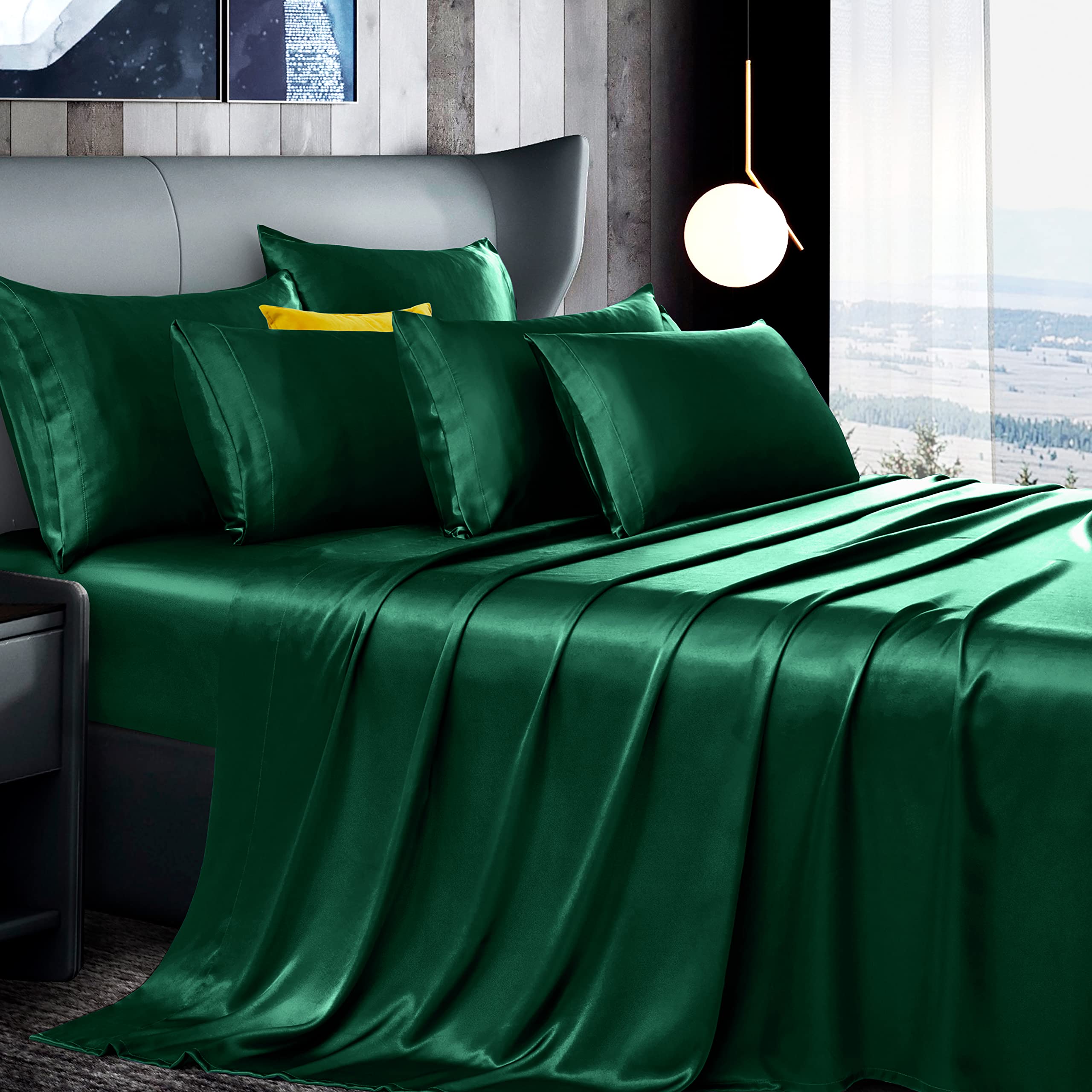 Manyshofu 7Pcs Dark Green Satin Sheets King Size Silky Satin Bed Sheets Set, Luxurious & Soft Satin Bedding Set - 1 Satin Fitted