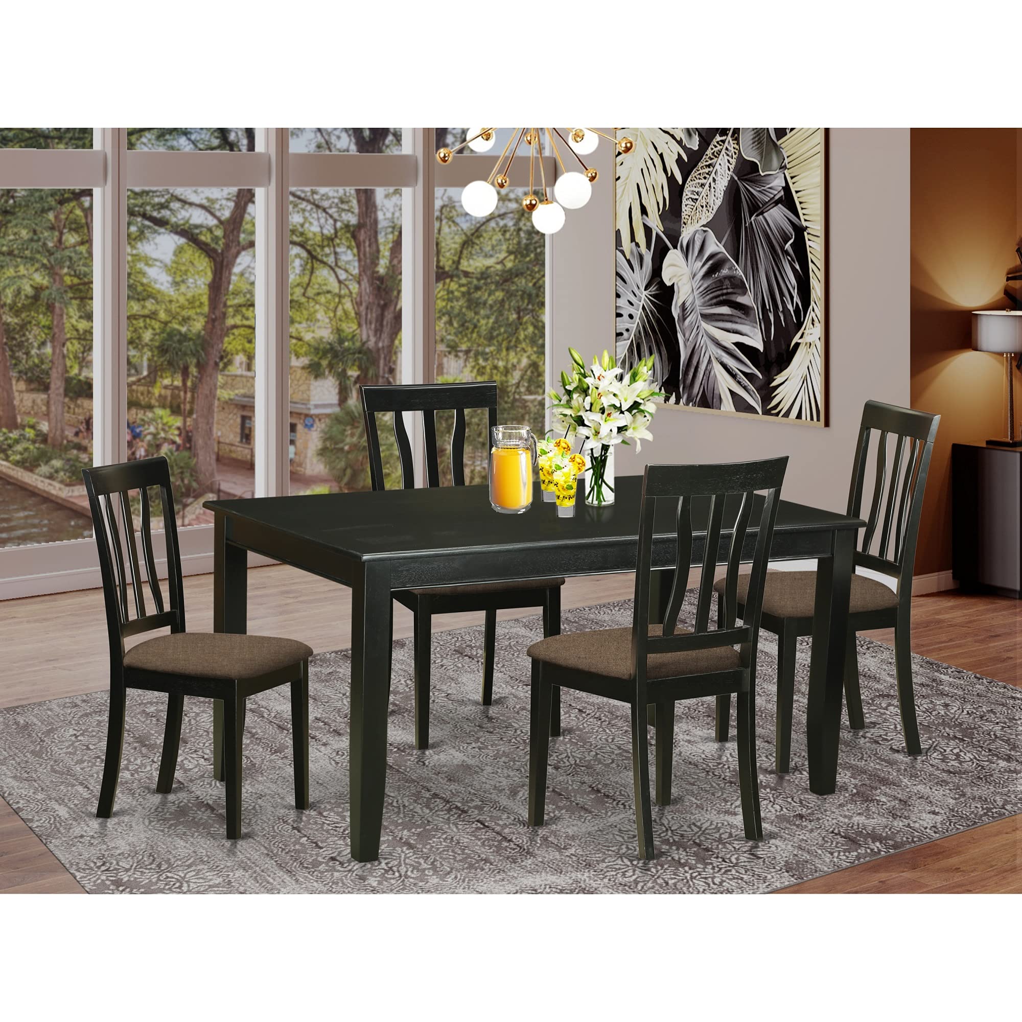 East West Furniture DUAN5-BLK-C 5 Piece Dining Room Furniture Set Includes a Rectangle Kitchen Table and 4 Linen Fabric Upholstered Dining Chairs, 36x60 Inch, Black