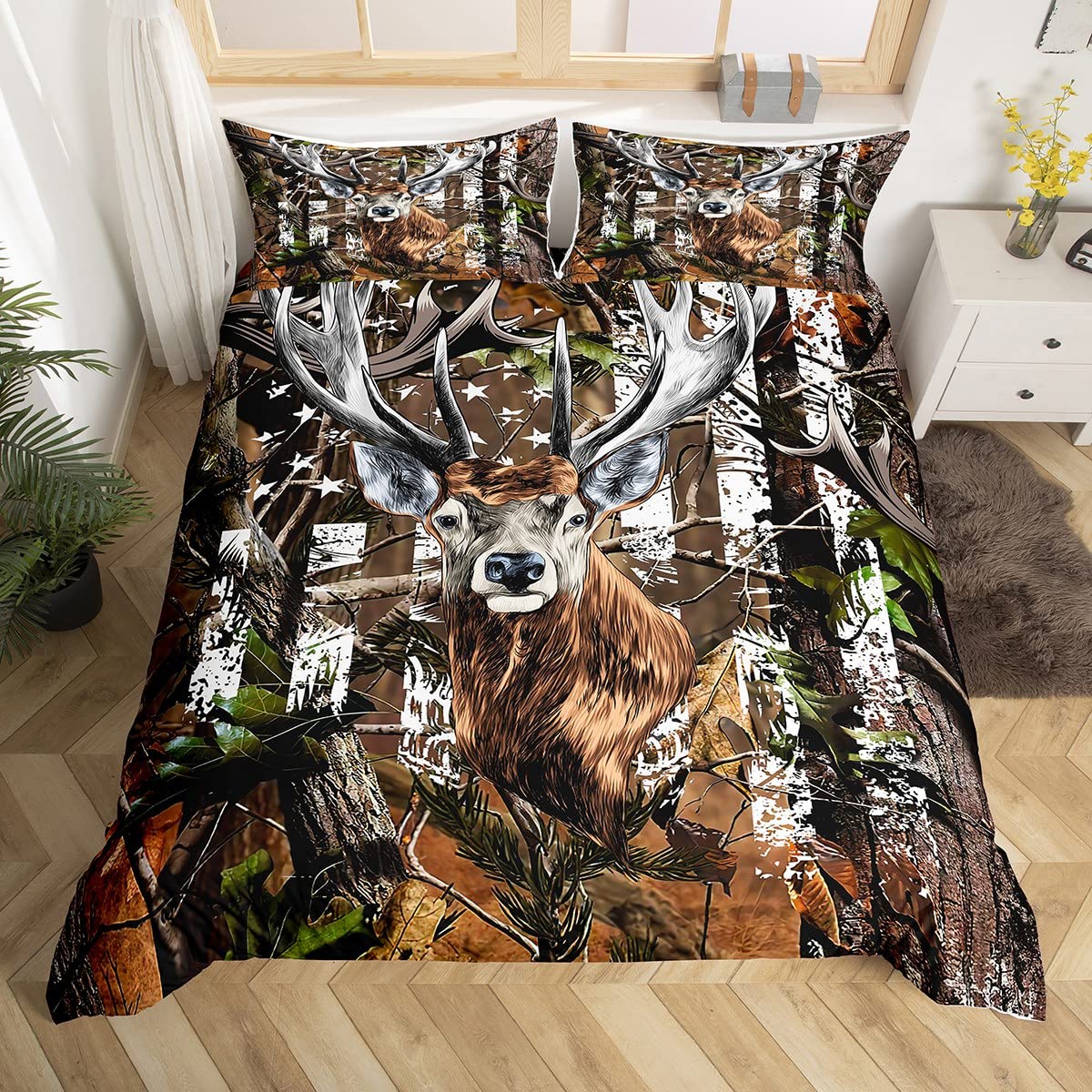 Deer Bedding Set American Flag Comforter Cover For Kids Adult Deer Antlers Army Camouflage Duvet Cover Wild Animal Farm Branches
