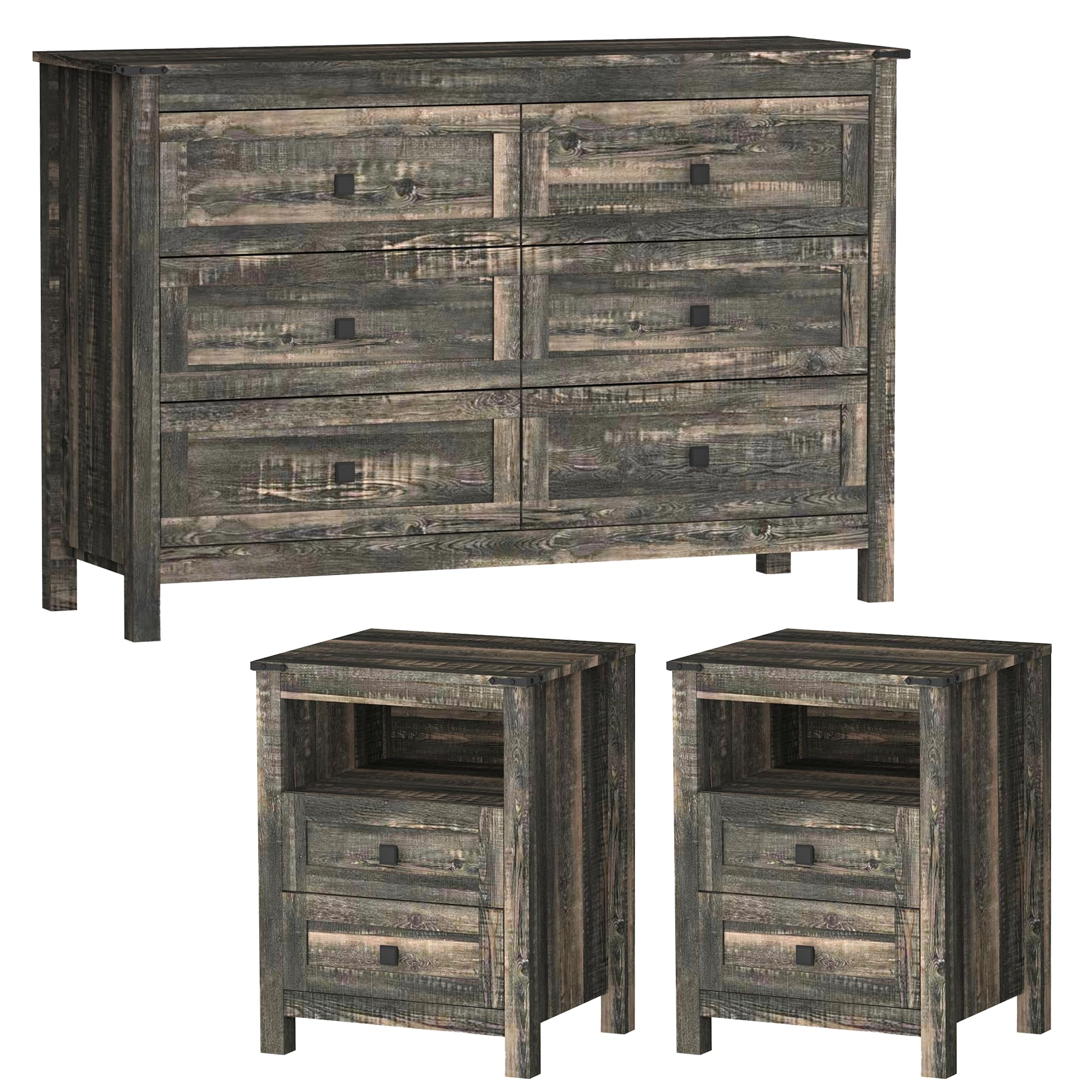 Catmix Farmhouse Bedroom Set, 3 Pieces Bedroom Furniture Set, Rustic Wood 6 Drawer Dresser And Nightstands, Chest Of Drawers Wid