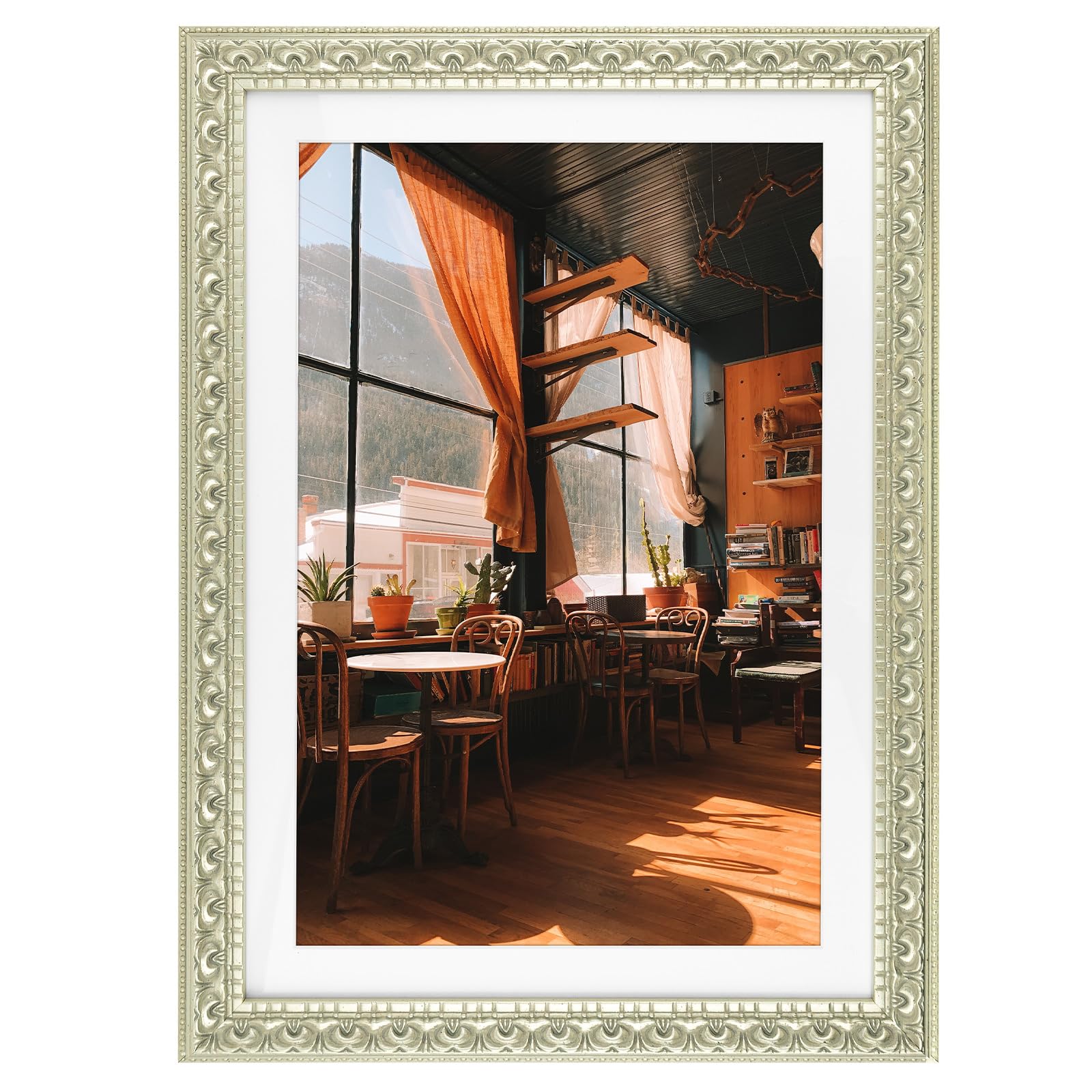 Golden State Art, 13X19 Ornate Finish Photo Frame with White Mat for 11X17 Picture & Real Glass, Color: Silver Beige