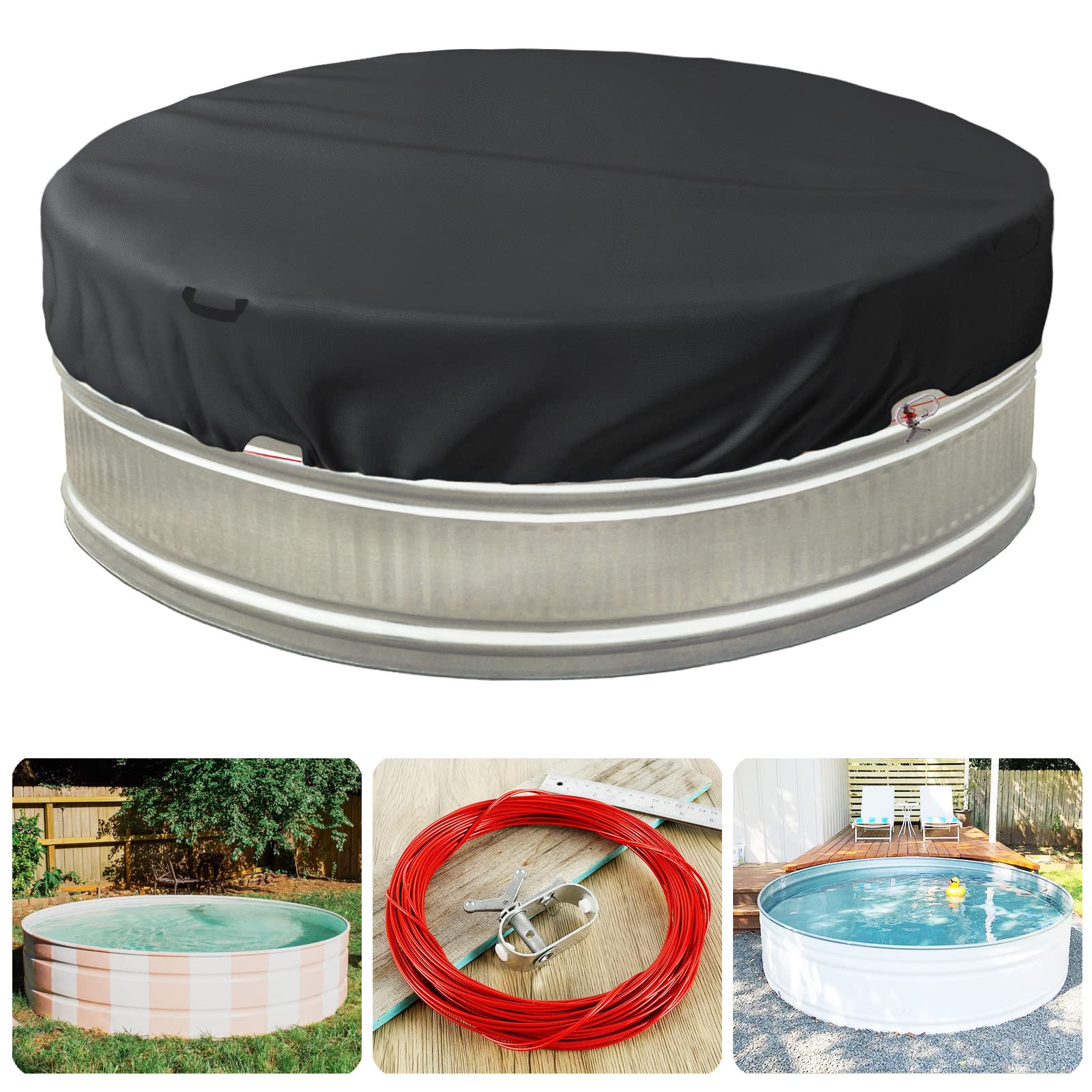 Bitubi 7-8 Ft Steel Round Stock Tank Pool Cover,Upgraded With Wire Rope & Winch Fixed Increase Stability(Black)