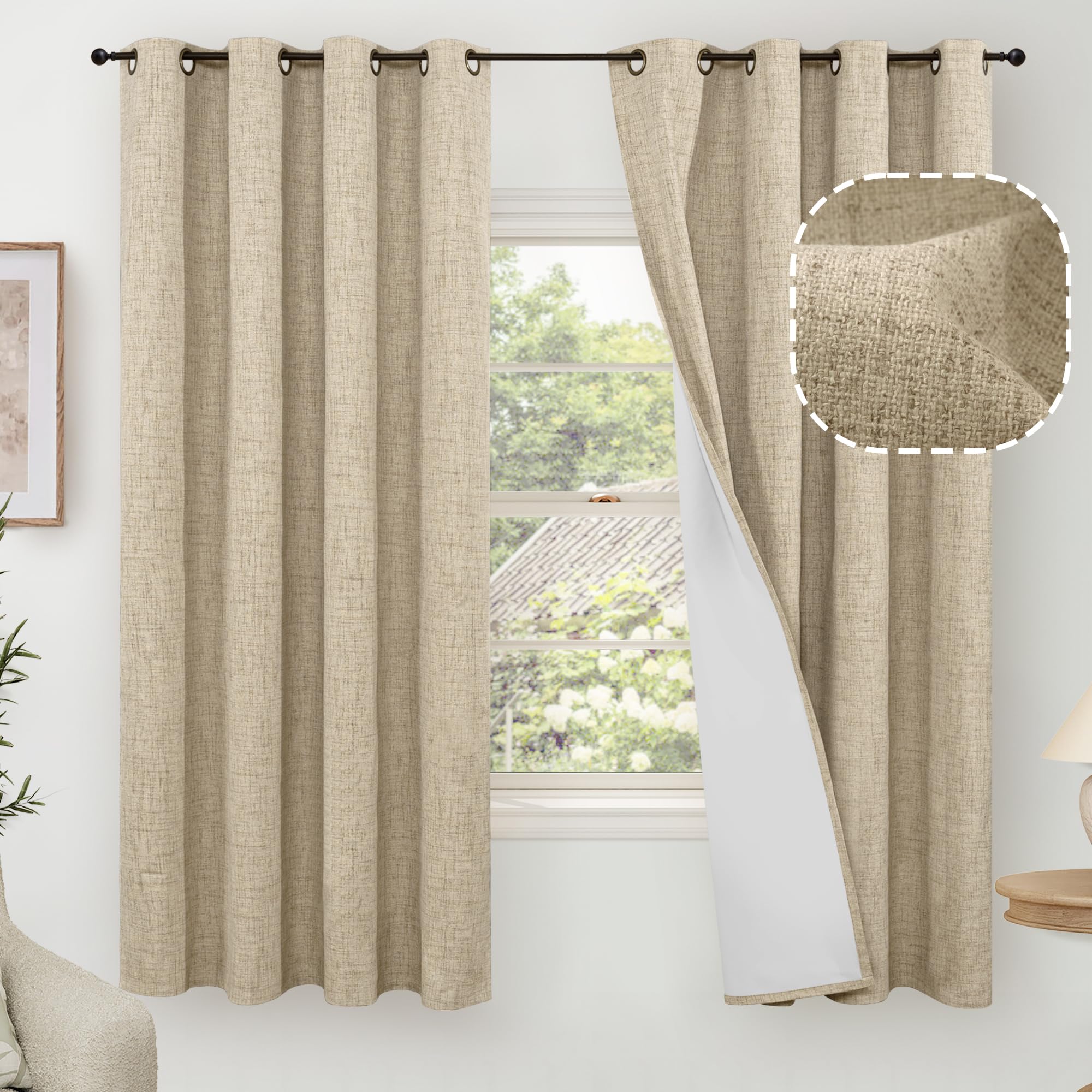 Lajode Faux Linen 100% Blackout Curtains For Bedroom 63 Inch Length 2 Panels, Thermal Insulated Total Light Blocking Noise Reduc