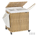 SONGMICS Laundry Hamper with Lid, 38.3 Gallons (145 L), Rolling Laundry Basket with Wheels, 2-Section Synthetic Rattan, Removabl