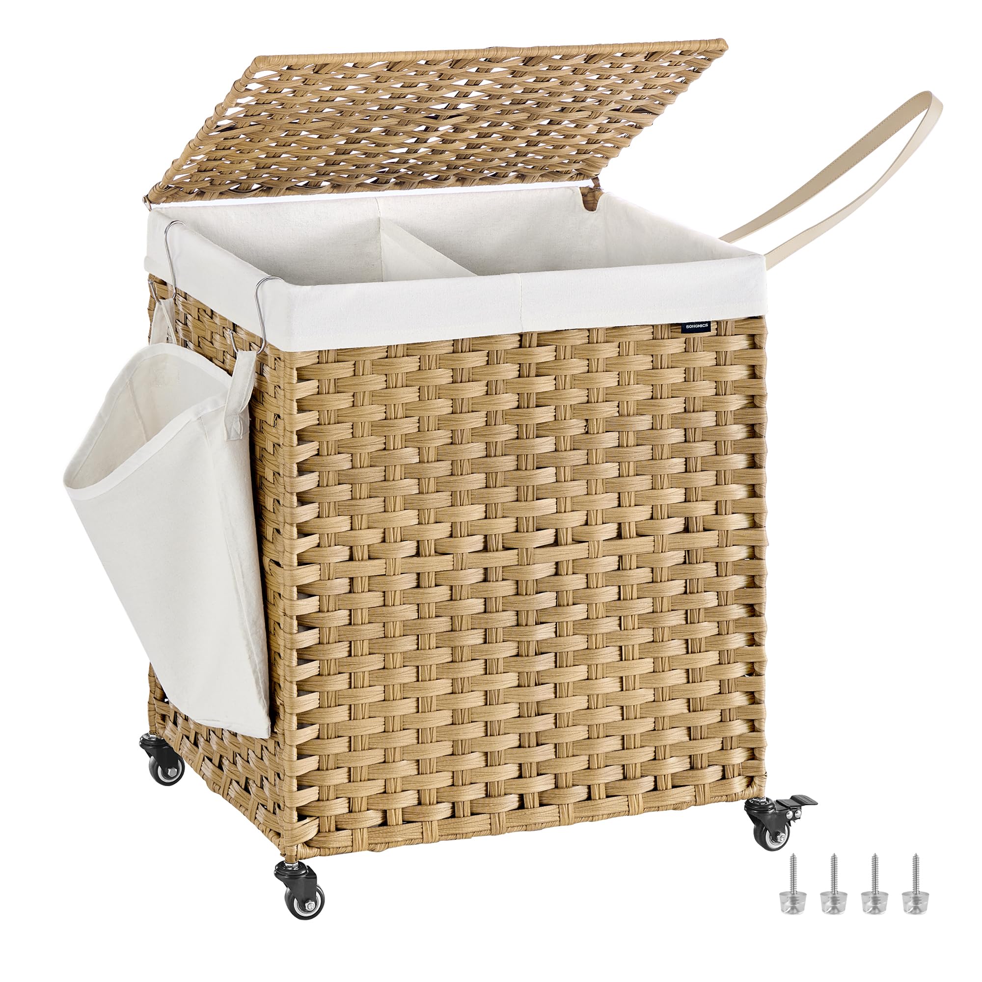SONGMICS Laundry Hamper with Lid, 38.3 Gallons (145 L), Rolling Laundry Basket with Wheels, 2-Section Synthetic Rattan, Removabl