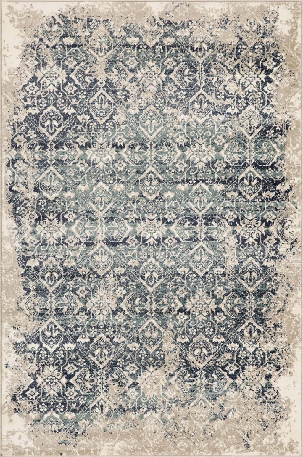 HomeRoots Ivory/Blue Heat-Set Polypropelene 3’ x 5’ Beige Blue Distressed Diamonds Area Rug