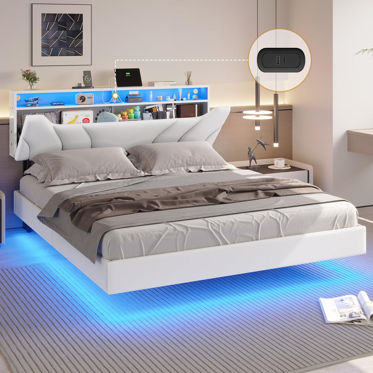 DICTAC Queen Size Floating Bed Frame with LED Lights LED Queen Bed Frame with Storage Headboard Faux Leather Upholstered Platfor