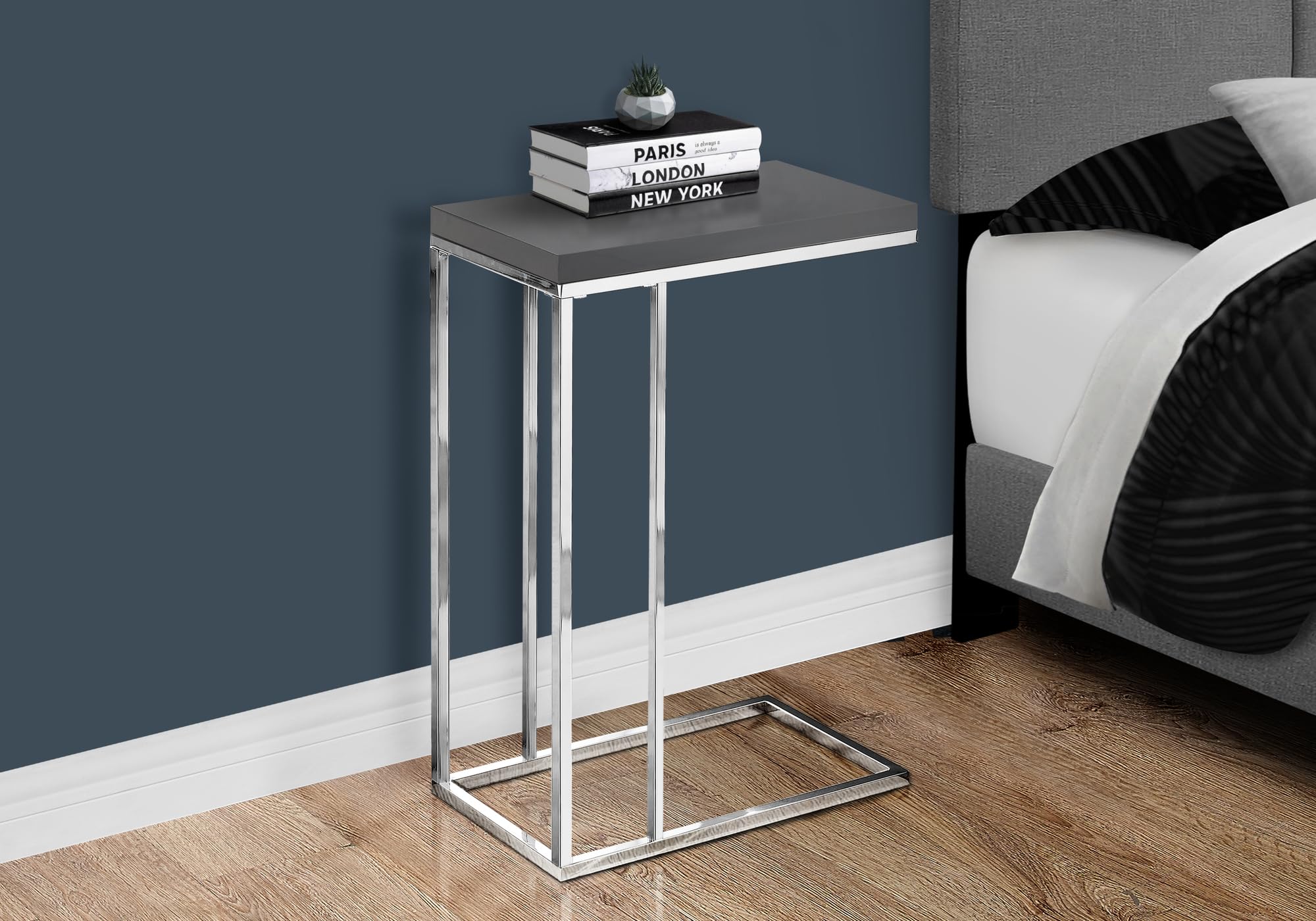 Monarch Specialties 3030, C-Shaped, End, Side, Snack, Living Room, Bedroom, Laminate, Glossy Grey, Contemporary, Modern Accent Table Chrome Metal, 10.25&quot; L X 18.25&quot; W X 25.25&quot; H