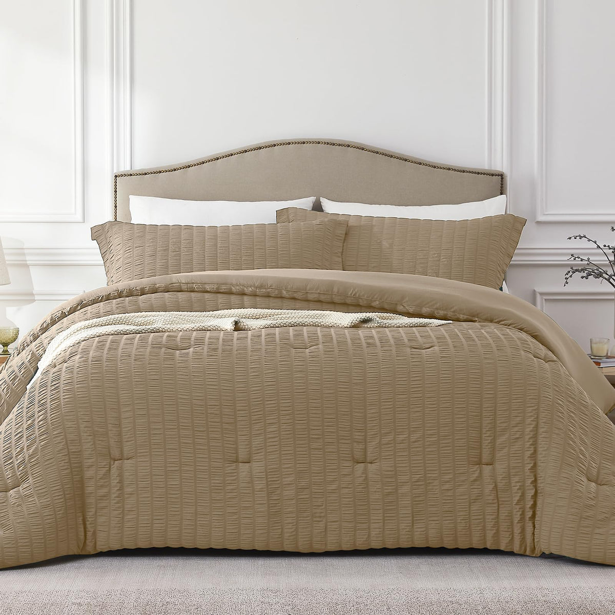 Quataly Brown California King Comforter Set - 3 Pieces Seersucker Lightweight Bedding Comforter Sets (1 Soft Fluffy Comforter &