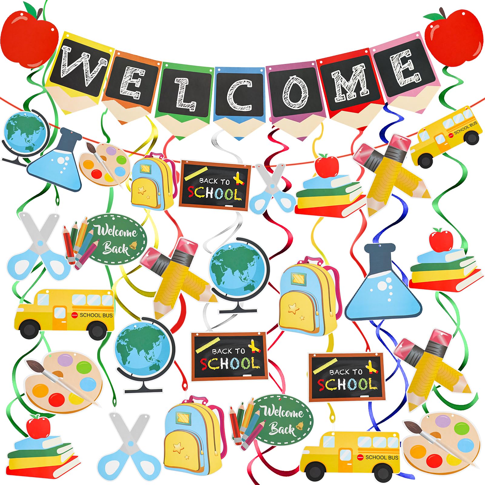 FOIMAS Back to School Hanging Decoration Banner and Swirl Welcome to School Bunting Banner Decor for Back to School Kindergarten