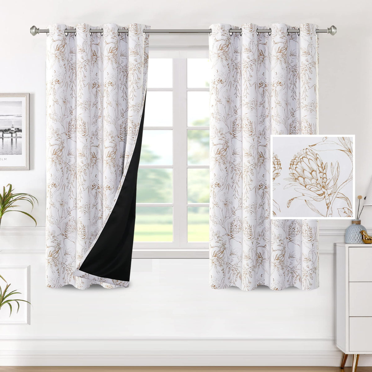 H.VERSAILTEX 100% Blackout Curtains for Living Room Camellia Floral Blackout Curtains 63 Inches Long Light Blocking Window Treat