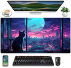 Cool Purple Kawaii Anime Moom Cat Desk Mat Xxl Large Gaming Mouse Pad, Cute City Cats Desk Pad For Gamer Girl Women Office Desk