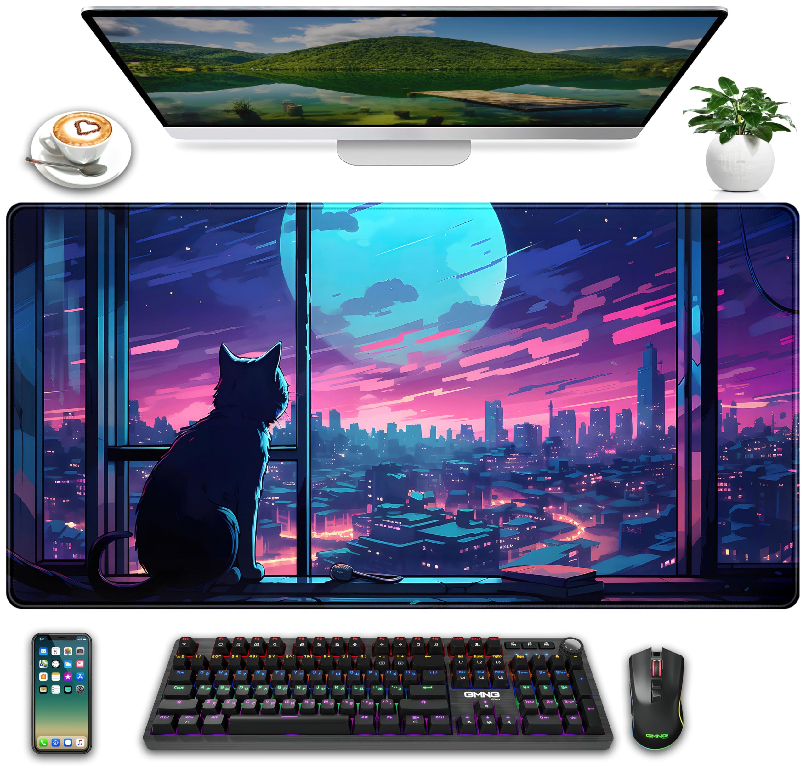 Cool Purple Kawaii Anime Moom Cat Desk Mat Xxl Large Gaming Mouse Pad, Cute City Cats Desk Pad For Gamer Girl Women Office Desk