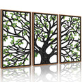 CHDITB Wooden Tree of Life Framed Wall Art(Set of 3, 16x32), 3 Panel Rustic Birch Green Leaves Hollow Laser Cut Artwork Decor, M