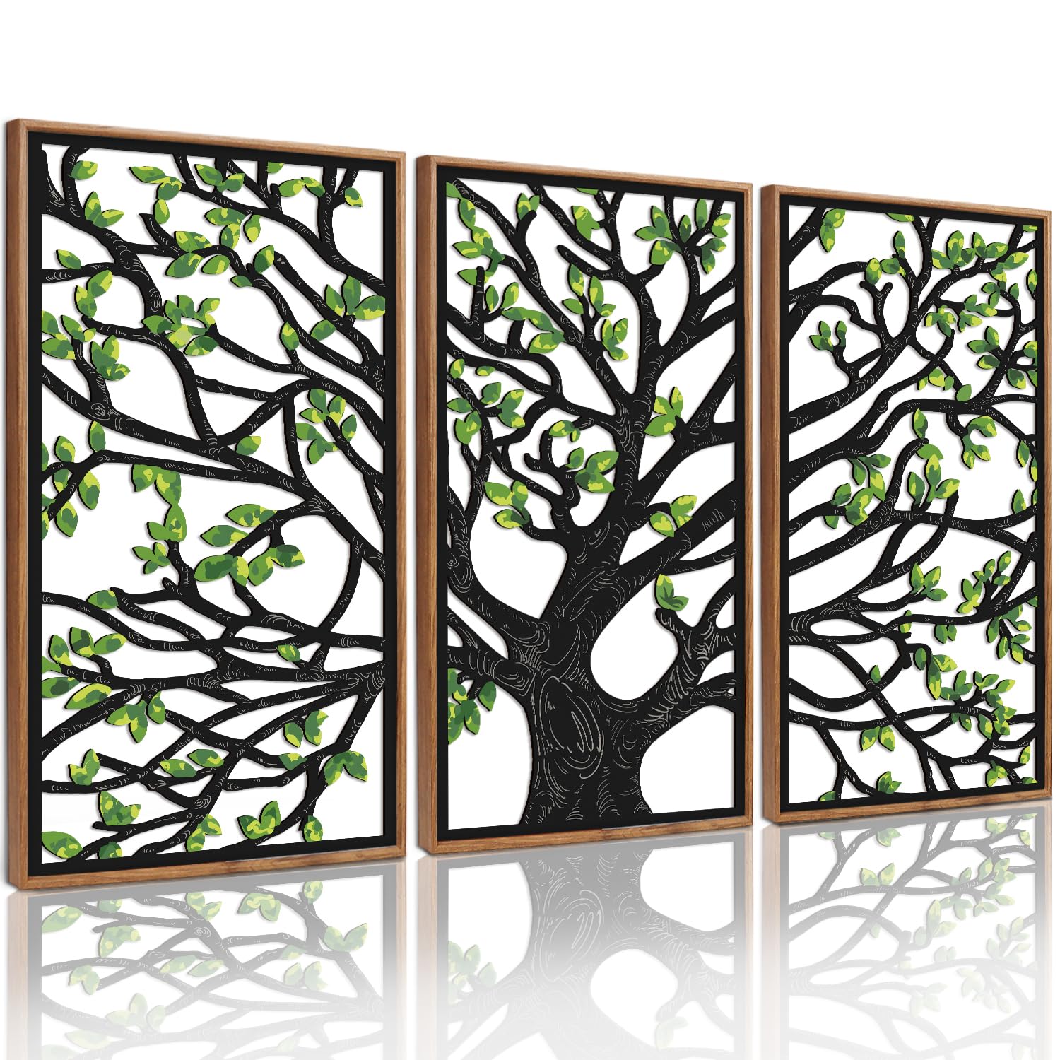 CHDITB Wooden Tree of Life Framed Wall Art(Set of 3, 16x32), 3 Panel Rustic Birch Green Leaves Hollow Laser Cut Artwork Decor, M