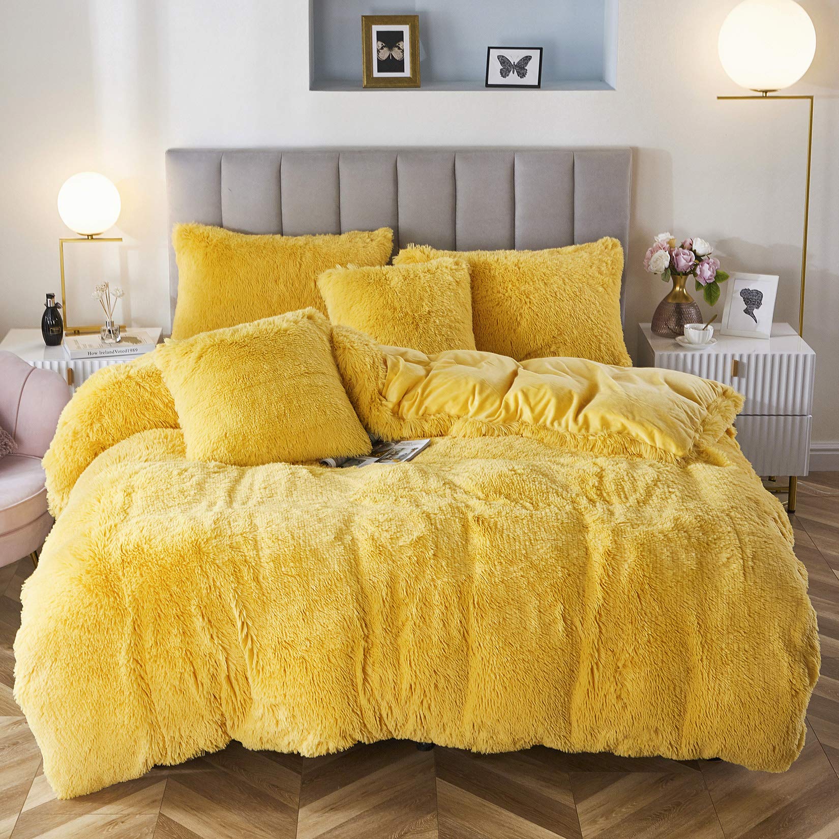 Uhamho Faux Fur Velvet Fluffy Bedding Duvet Cover Set Down Comforter Quilt Cover With Pillow Shams, Ultra Soft Warm (Lemon Yello