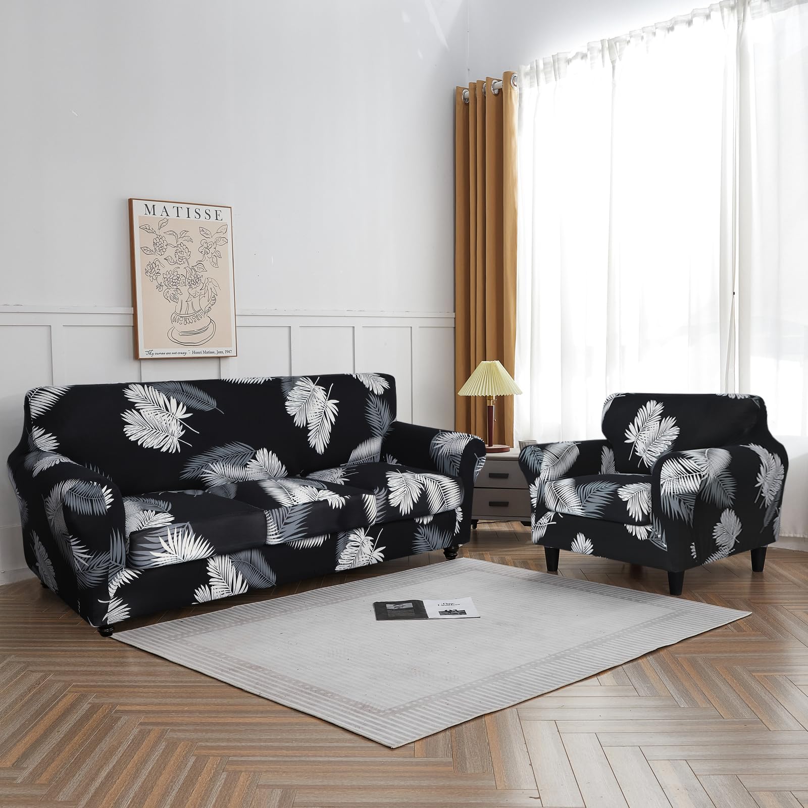 Searchi Stretch Sofa Cover Printed Couch Cover, Floral Pattern 3 Pieces Loveseat Slipcover With 2 Separate Cushion Cover, Washable Furniture Protector For Living Room(Loveseat, Black+Palm Leaves)