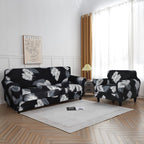 Searchi Stretch Sofa Cover Printed Couch Cover, Floral Pattern 4 Pieces Sofa Slipcover With 3 Separate Cushion Cover, Washable Furniture Protector For Living Room(Sofa, Black+Palm Leaves)
