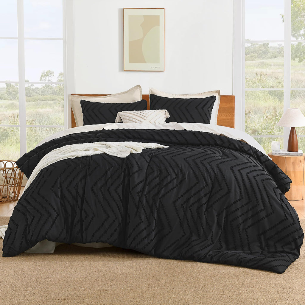 Litanika Black Queen Size Comforter Sets, 3 Pieces Lightweight Chevron Tufted Bedding Comforter Set, Fluffy Down Alternative Com