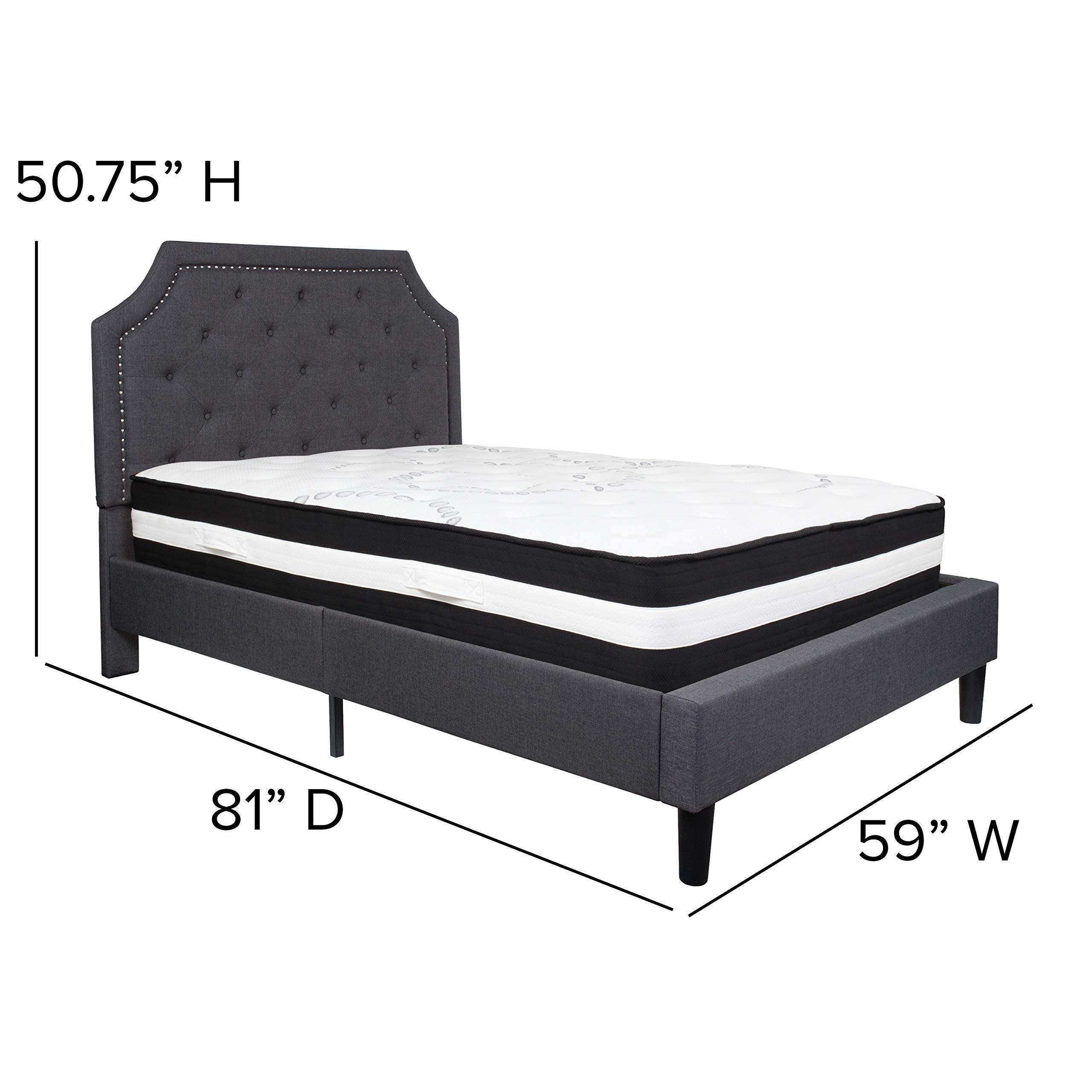 Flash Furniture Brighton Full Size Tufted Upholstered Platform Bed In Dark Gray Fabric With Pocket Spring Mattress