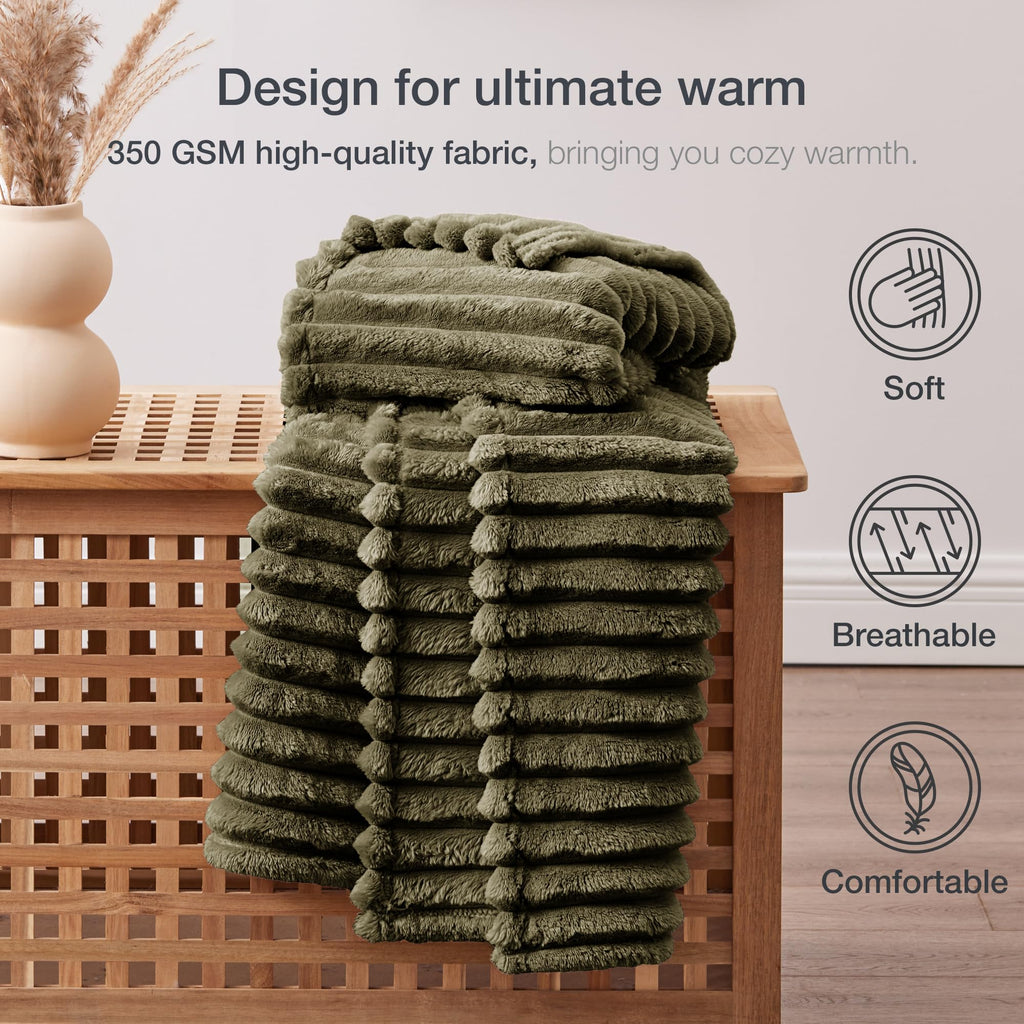 Exq Home Fleece Blanket Queen Size For Couch Or Bed - 3D Stripe Jacquard Decorative Blankets - Cozy Soft Lightweight Fuzzy Flann