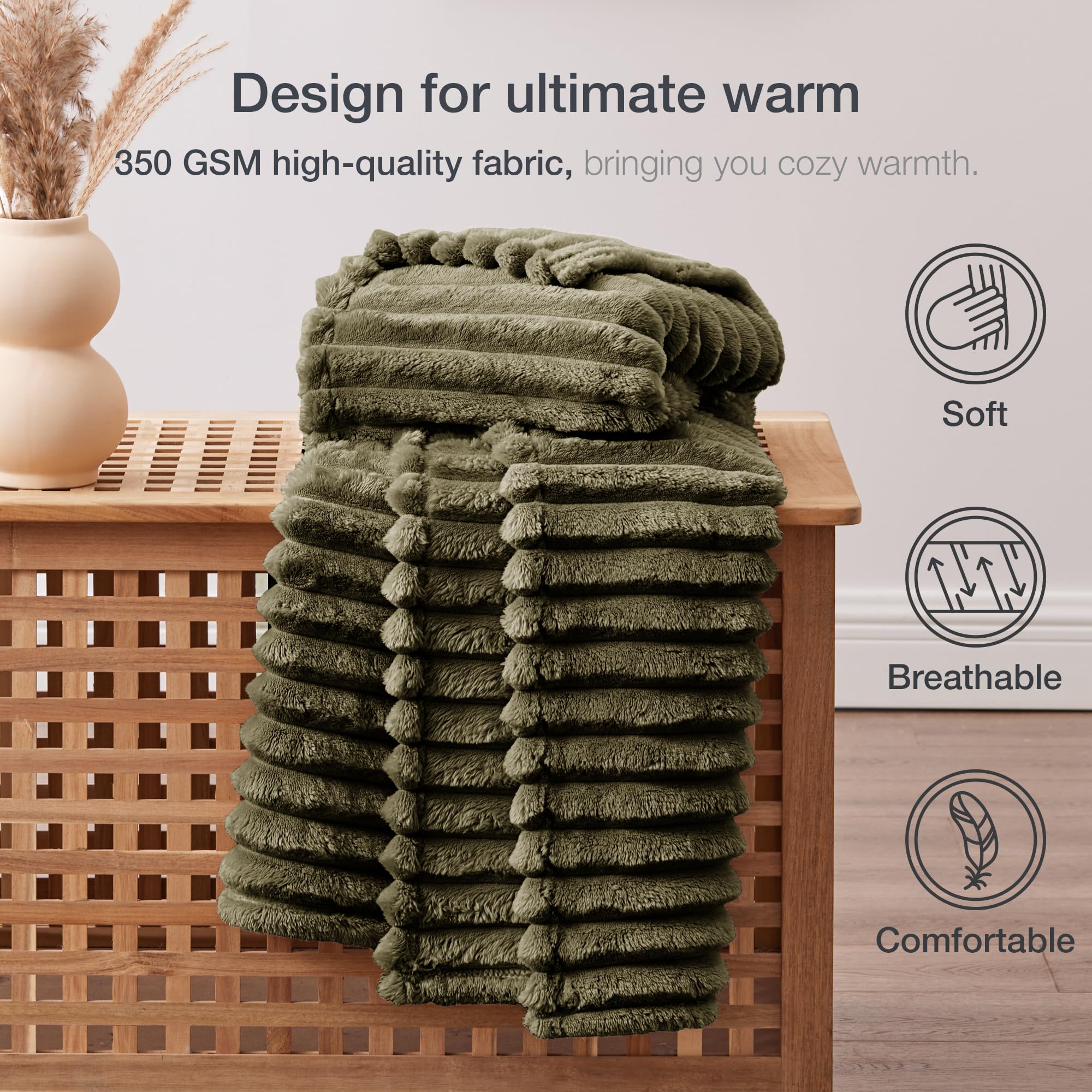 Exq Home Fleece Blanket Queen Size For Couch Or Bed - 3D Stripe Jacquard Decorative Blankets - Cozy Soft Lightweight Fuzzy Flann