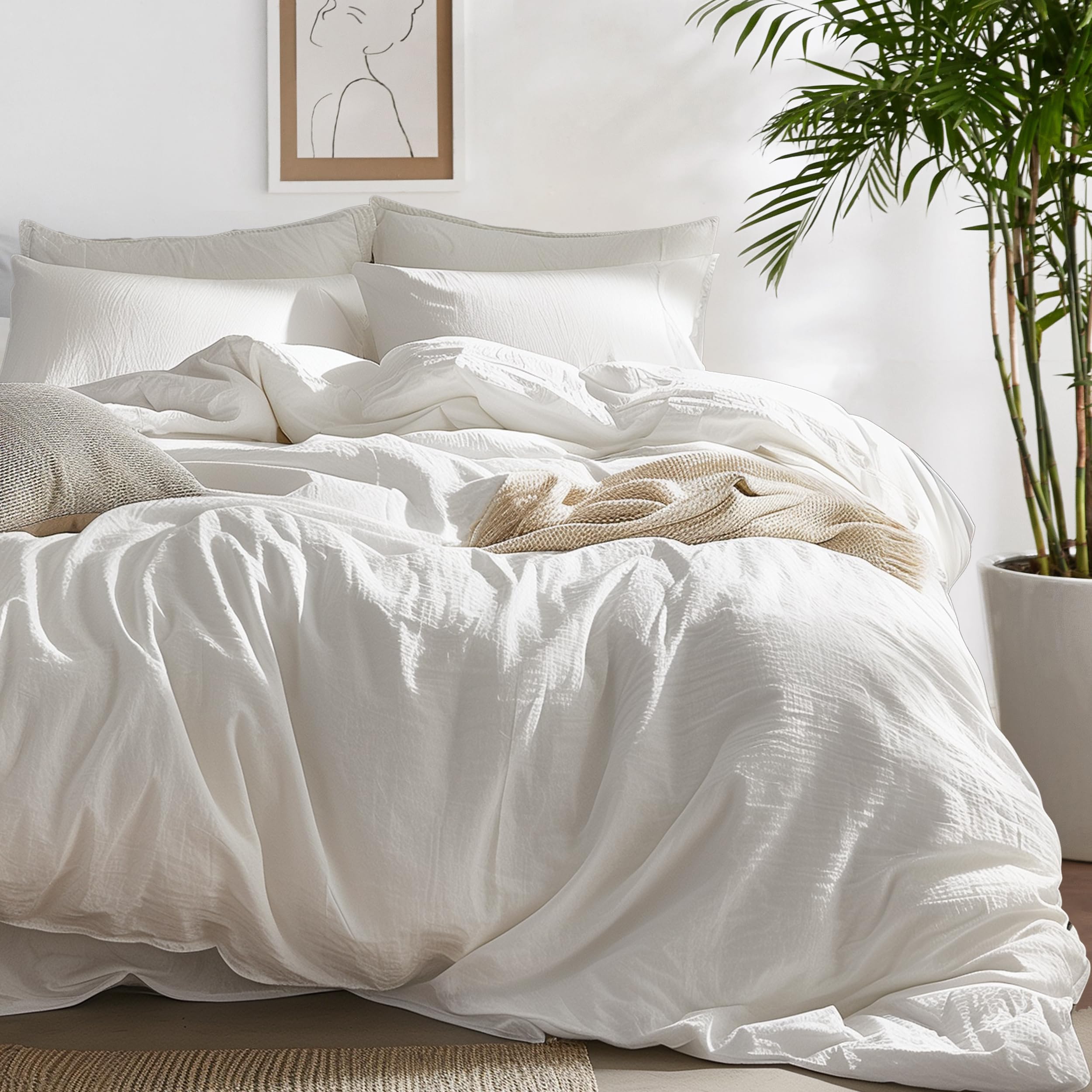Bedsure 100% Washed Cotton Duvet Cover Cal King - Natural White Minimalist Cotton Duvet Cover Linen Like - Gentlesoft™ Plain Simple Bedding Set With 2 Pillow Shams (White, California King, 104'X98')