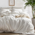 Bedsure 100% Washed Cotton Duvet Cover Full Size - Natural White Minimalist Cotton Duvet Cover For All Seasons - 3 Pieces Plain