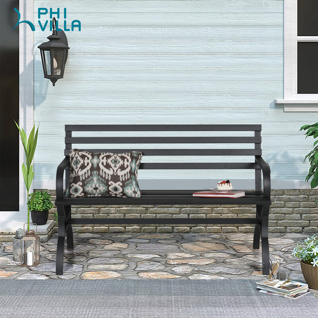 Phi Villa Outdoor Garden Bench, 48” Long Metal Steel Bench With Backrest And Armrests, Modern Slatted Design For Patio, Lawn, Yard, Porch - Black