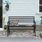 Phi Villa Outdoor Garden Bench, 48” Long Metal Steel Bench With Backrest And Armrests, Modern Slatted Design For Patio, Lawn, Yard, Porch - Black