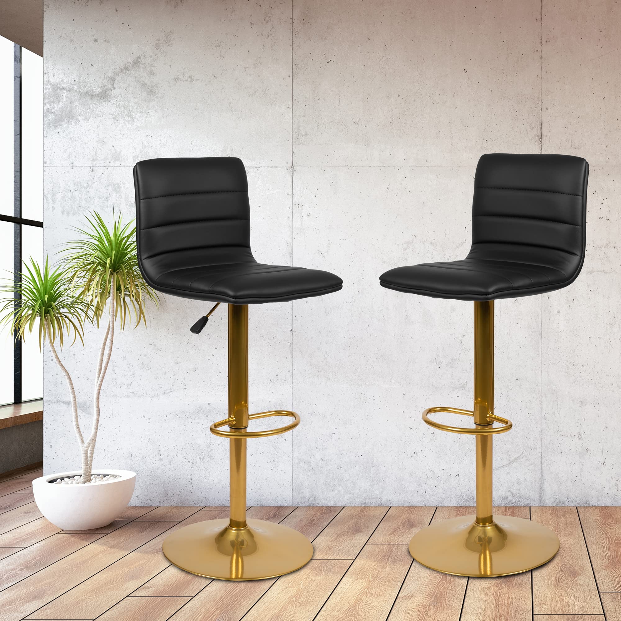 Flash Furniture Vincent Modern Black Vinyl Adjustable Bar Stool With Back, Counter Height Swivel Stool With Gold-Pedestal Base, Set Of 2