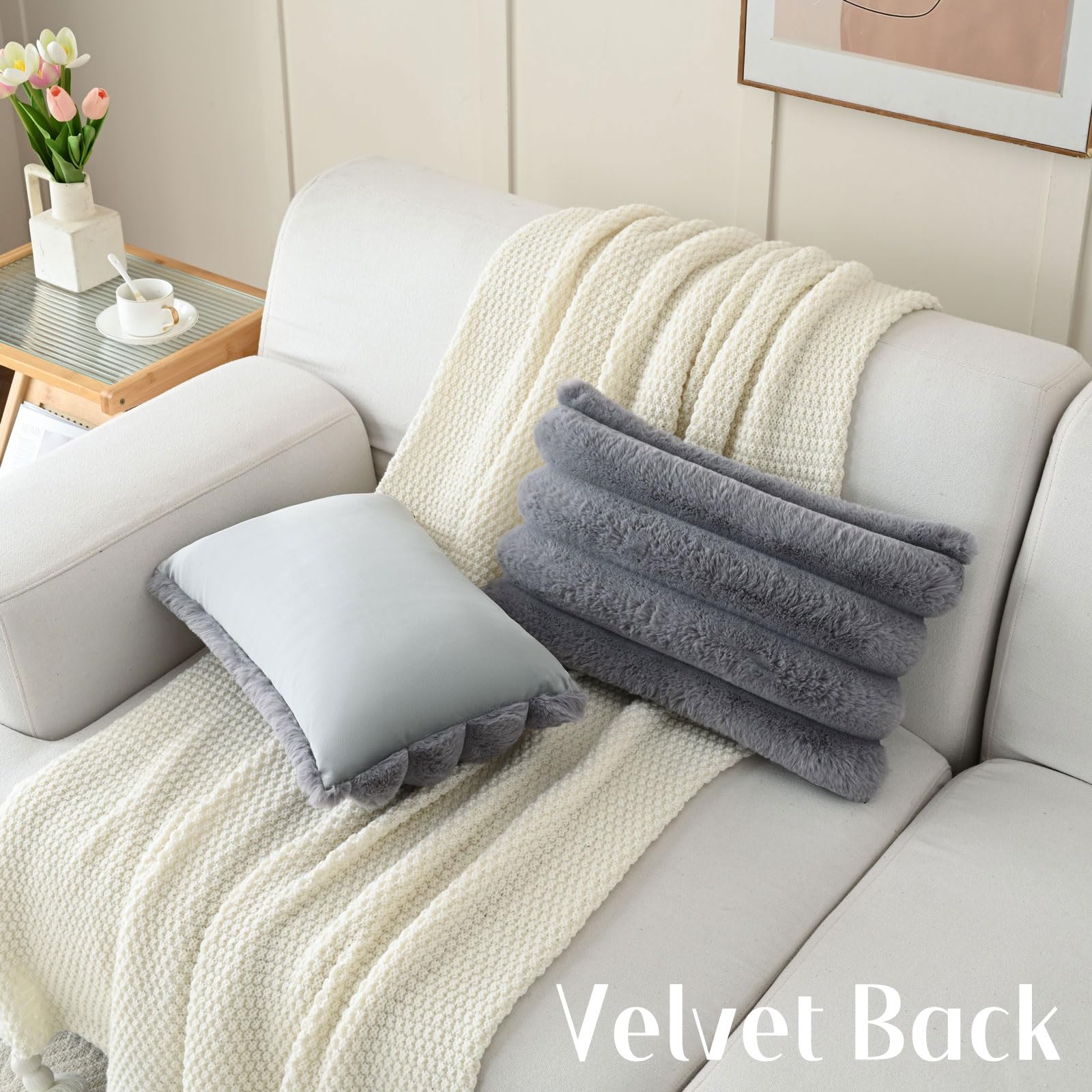 Futei Grey Decorative Throw Pillow Covers 12X20 Inch Set Of 2, Square Soft Faux Rabbit Fur Big Striped Cushion Cover,Home Decor