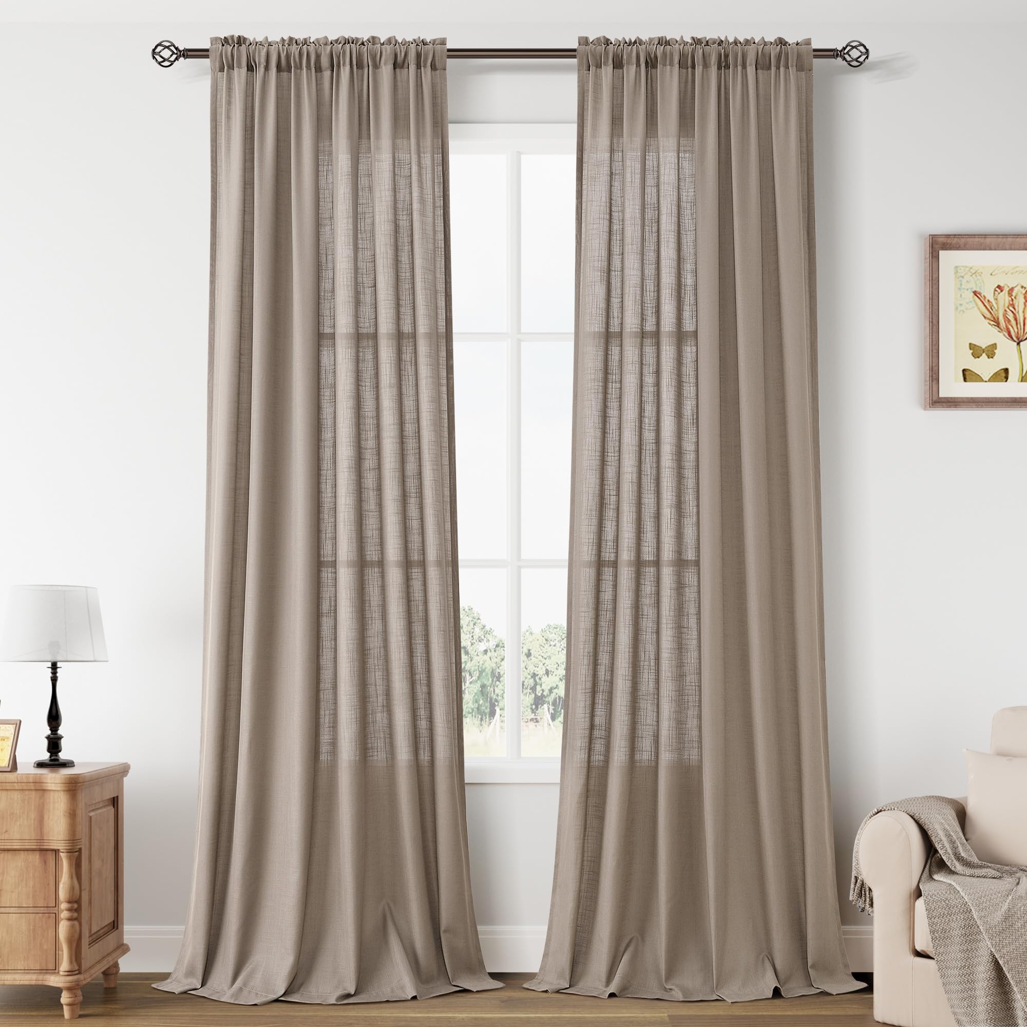 Guken Khaki Linen Curtains 108 Inch Length For Living Room Bedroom 2 Panels Set Rod Pocket Light Filtering Semi Sheer Window Cur