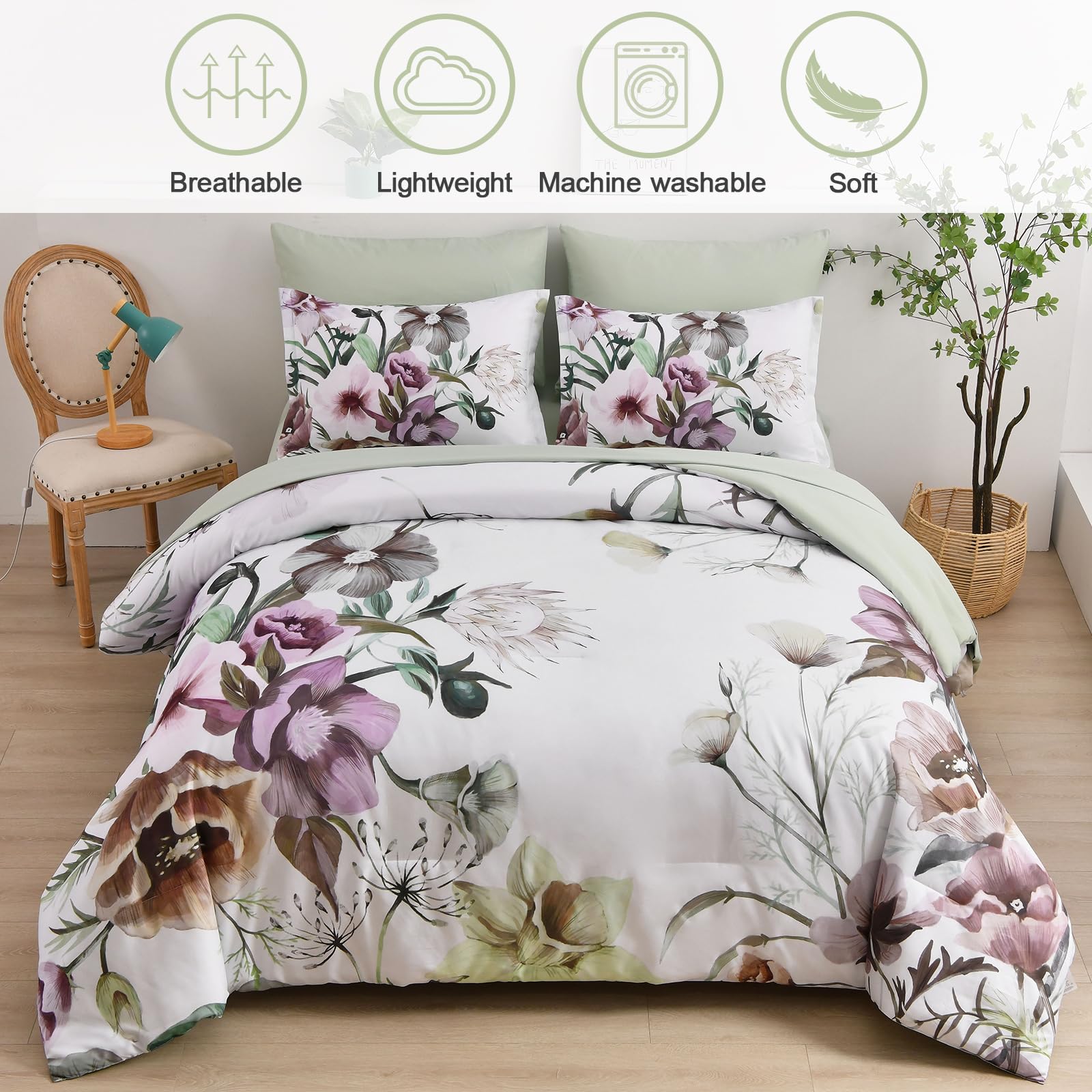 Luxudecor Floral Comforter Set Full Size 7 Piece, Green Flower Bed In A Bag, Elegant Floral Comforter With Sheet Set, Soft Micro