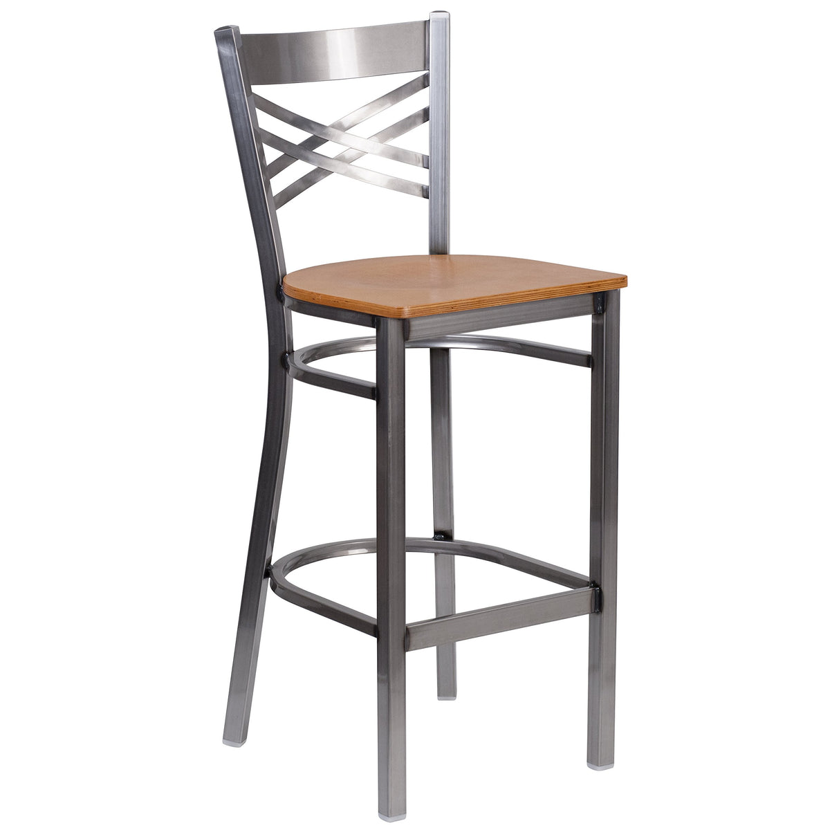 Flash Furniture Hercules Series Clear Coated ''X'' Back Metal Restaurant Barstool - Natural Wood Seat