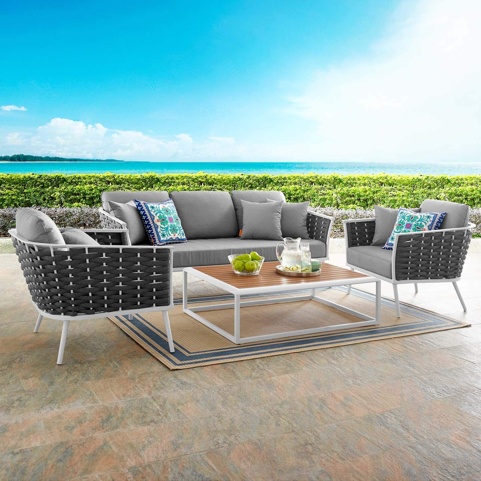Modway Stance Outdoor Patio Aluminum, Sofa, Coffee Table, And Two Armchairs, White Gray