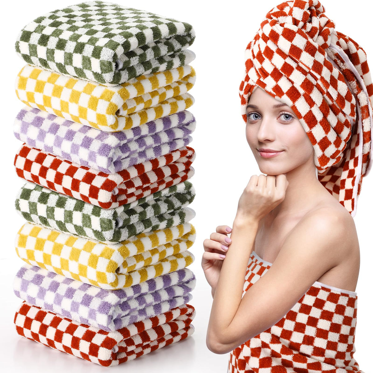 Windkream 8 Pcs Checkered Large Bath Towels Bulk 27.56 x 55.12 Inch Soft Colorful Bath Towels Checkered Towels for Bathroom Spa