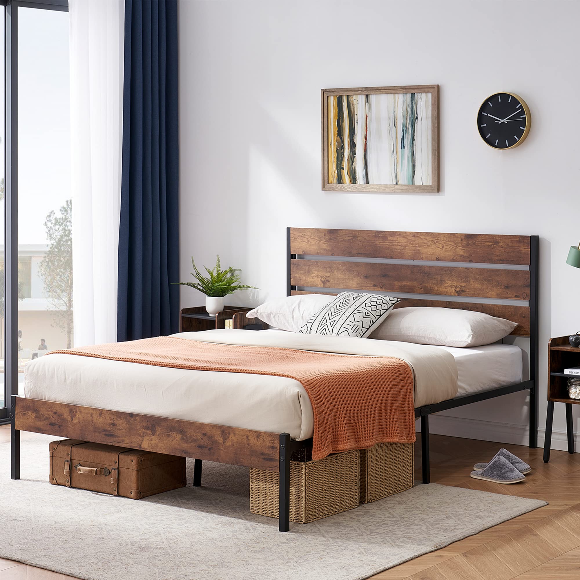 Vecelo Platform Queen Bed Frame With Rustic Vintage Wood Headboard, Mattress Foundation, Strong Metal Slats Support, No Box Spri
