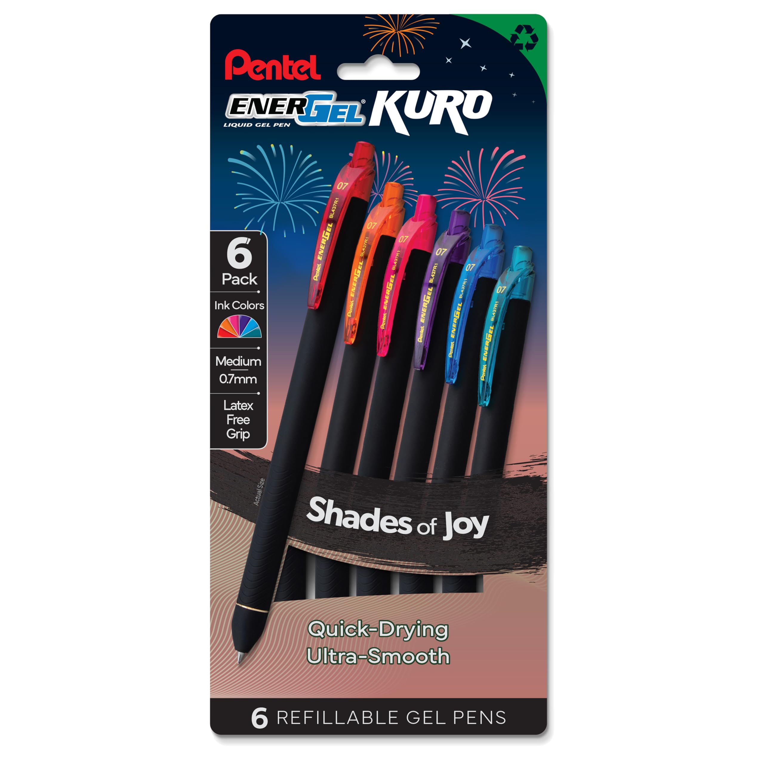 Pentel Energel Kuro Shades Of Joy, Retractable Liquid Gel Pen, Assorted Ink Colors, Pack Of 6 (Bl437Joypf6)