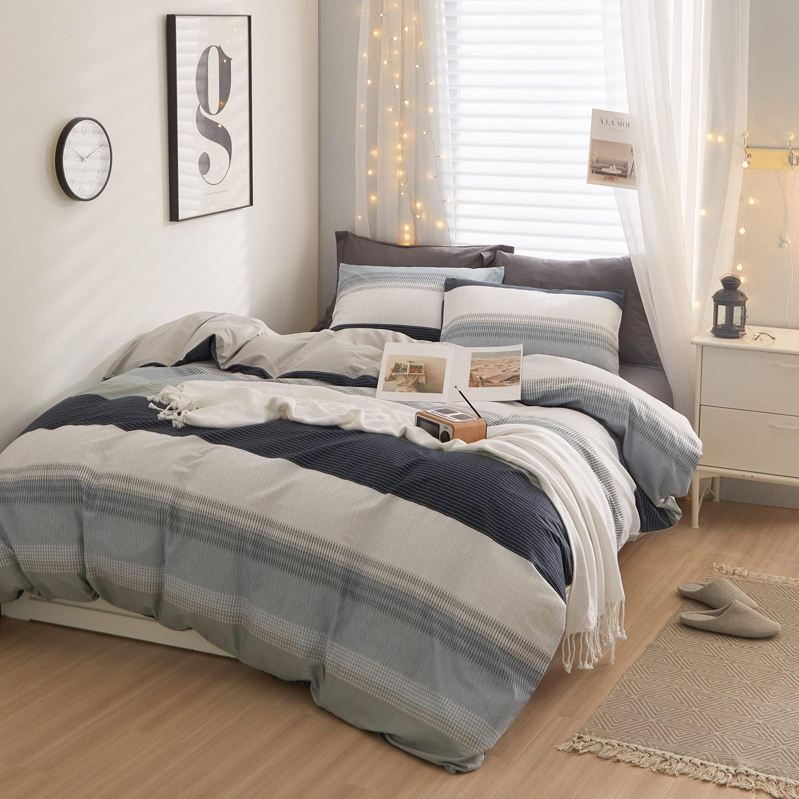 Cotton Striped Duvet Cover King White Grey Blue Striped Bedding Sets 100% Cotton Geometric Striped Comforter Cover 1 King Duvet